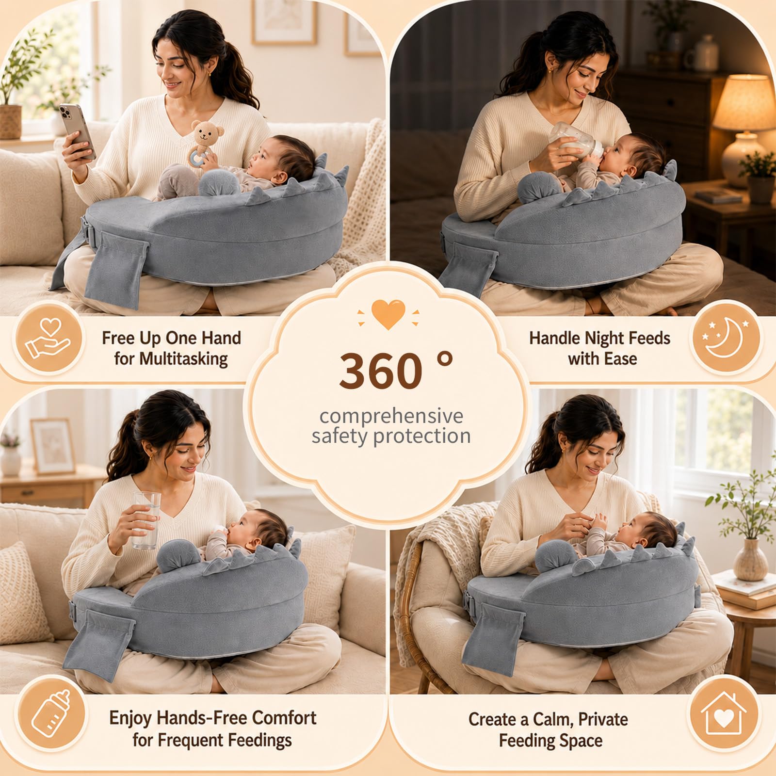 Cojín de lactancia, Almohada de Lactancia con Espuma Viscoelástica 45D, Superficie XXL 58×40cm, Correa Antideslizante Ajustable&Funda 100% Algodón Lavable, Cojín Ergonómico para Recién Nacidos (Gris)