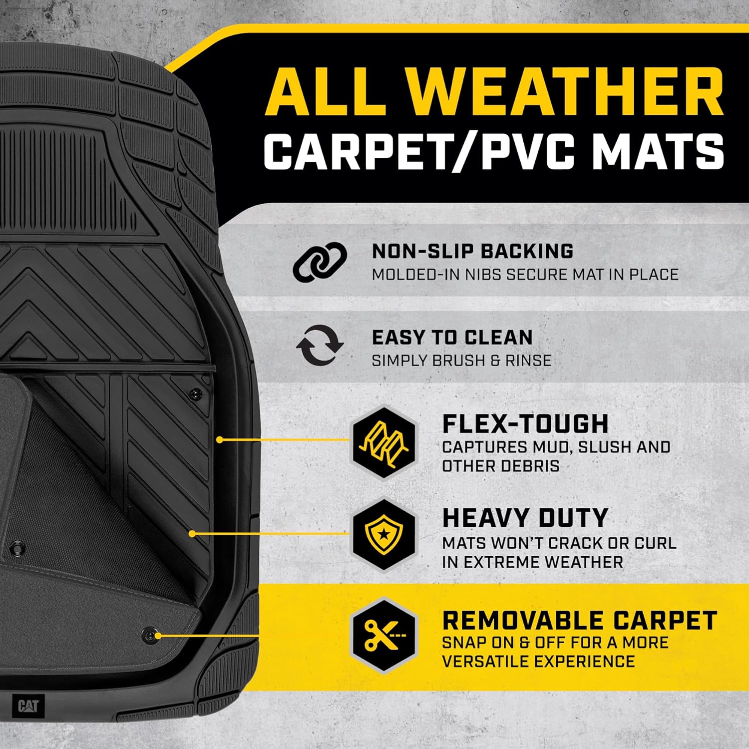 CAT® Detachable Deep Dish Car Floor Mats w/ Removable Carpet Liner - Universal Fit for SUVs Trucks Sedans Washable Easy-Clean Automotive Floor Liners Heavy Duty All Weather Non-Slip Comfort - Charcoal