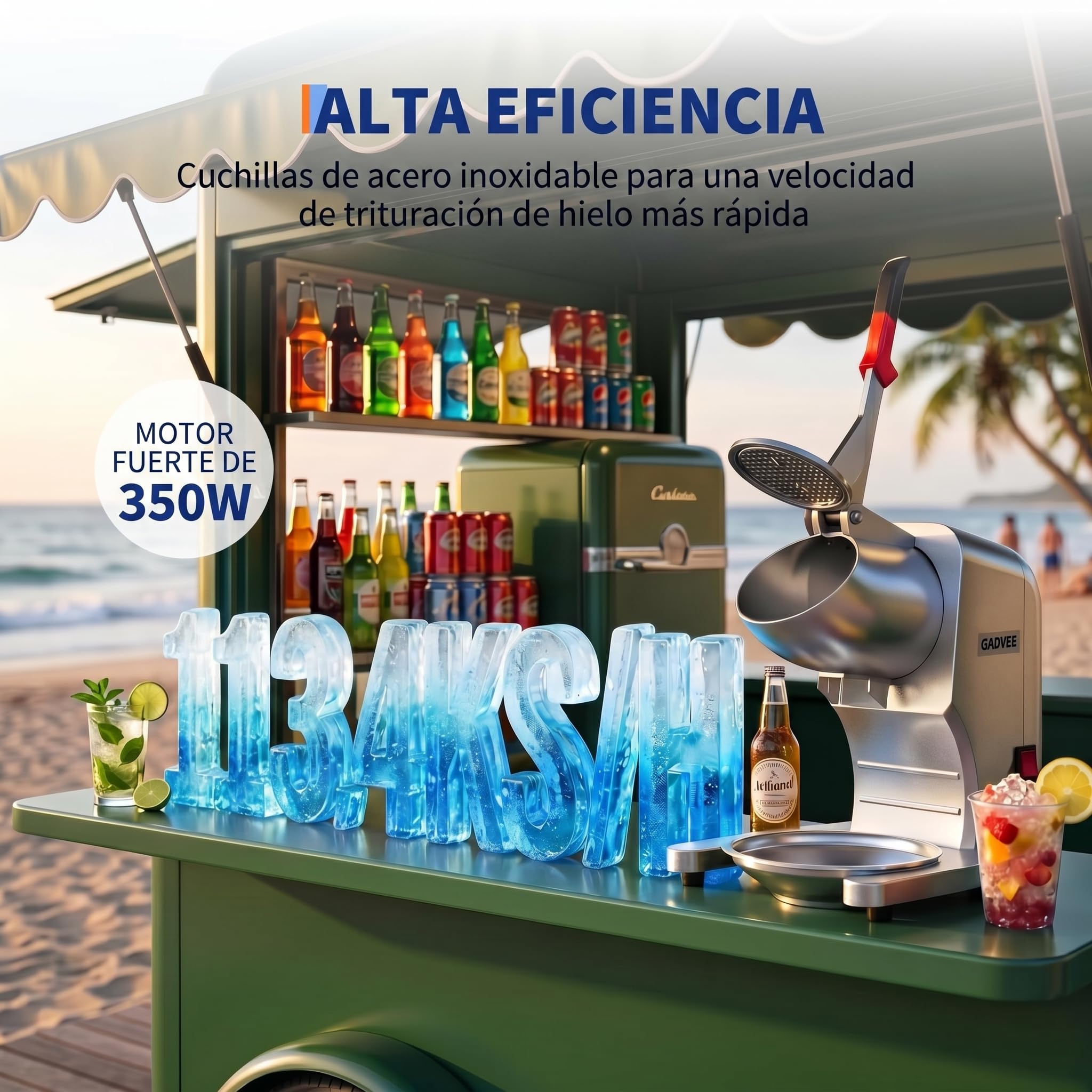 GarveeLife Picadores de Hielo 300W, 4 Cuchillas INOX, 100kg/h, Plateado | Picadores de hielo 300W 100kg/h, acero inox 4 cuchillas, nieve fina para granizados cócteles y postres, plateado.