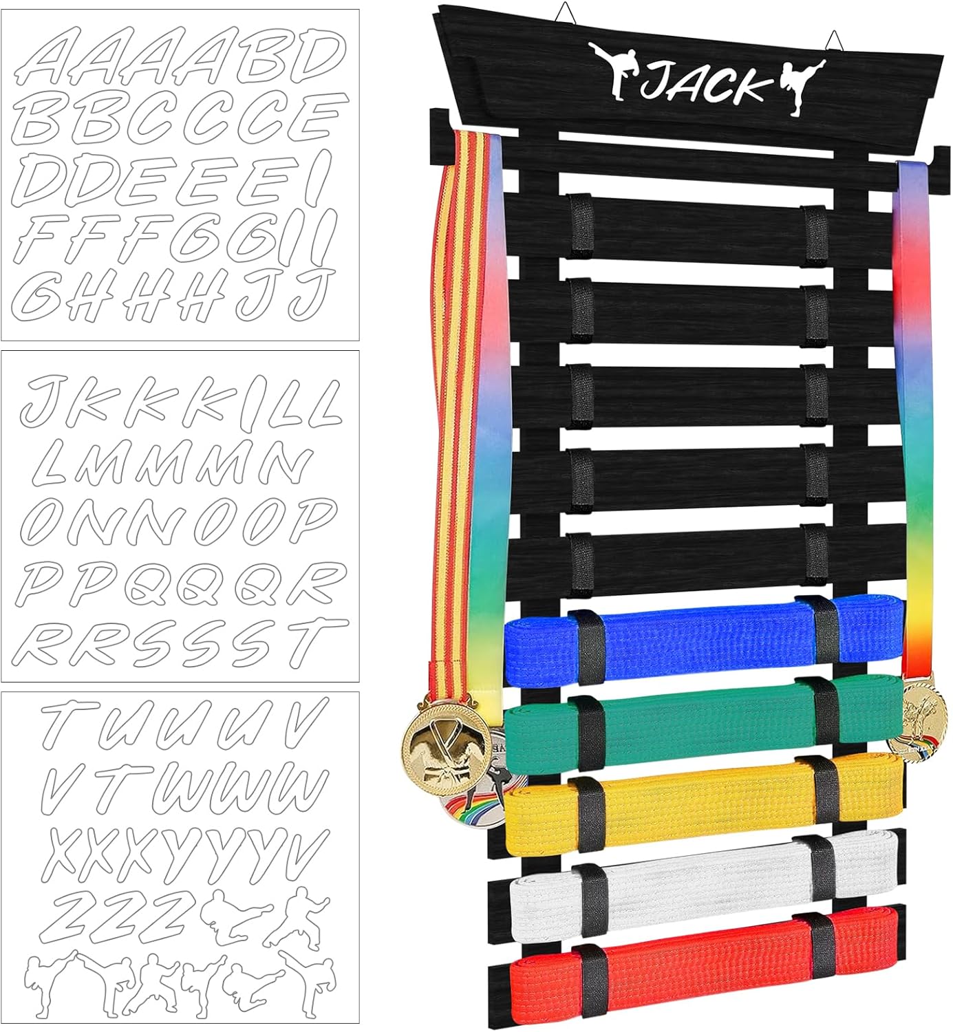 Karate Belt Display Rack with Stickers, 10/12 Martial Arts Belt Display Holder, Taekwondo Belt Jiu Jitsu Belt BJJ Belt Display Hanging Holder for Adults, No Assembly Required