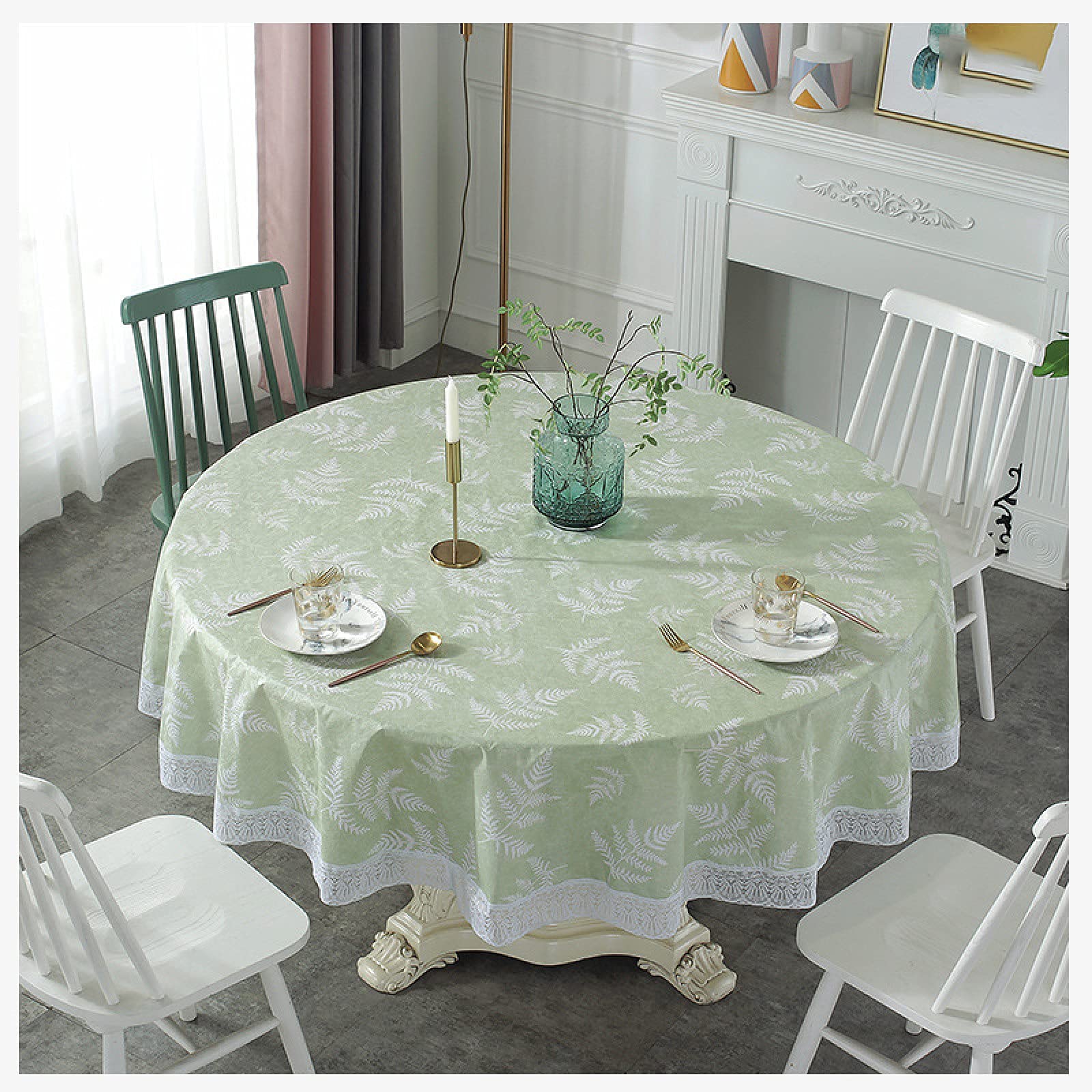 Nappe ronde en toile cirée PVC feuille verte et dentelle blanche