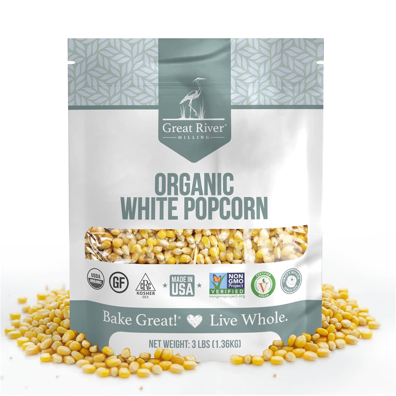 Great River Milling Organic White Popcorn Kernels, Whole Grain, 3 lb | White Popcorn Kernels for stovetop popping, air poppers, Whirley Pop, kettle corn and popcorn machines; smaller tender