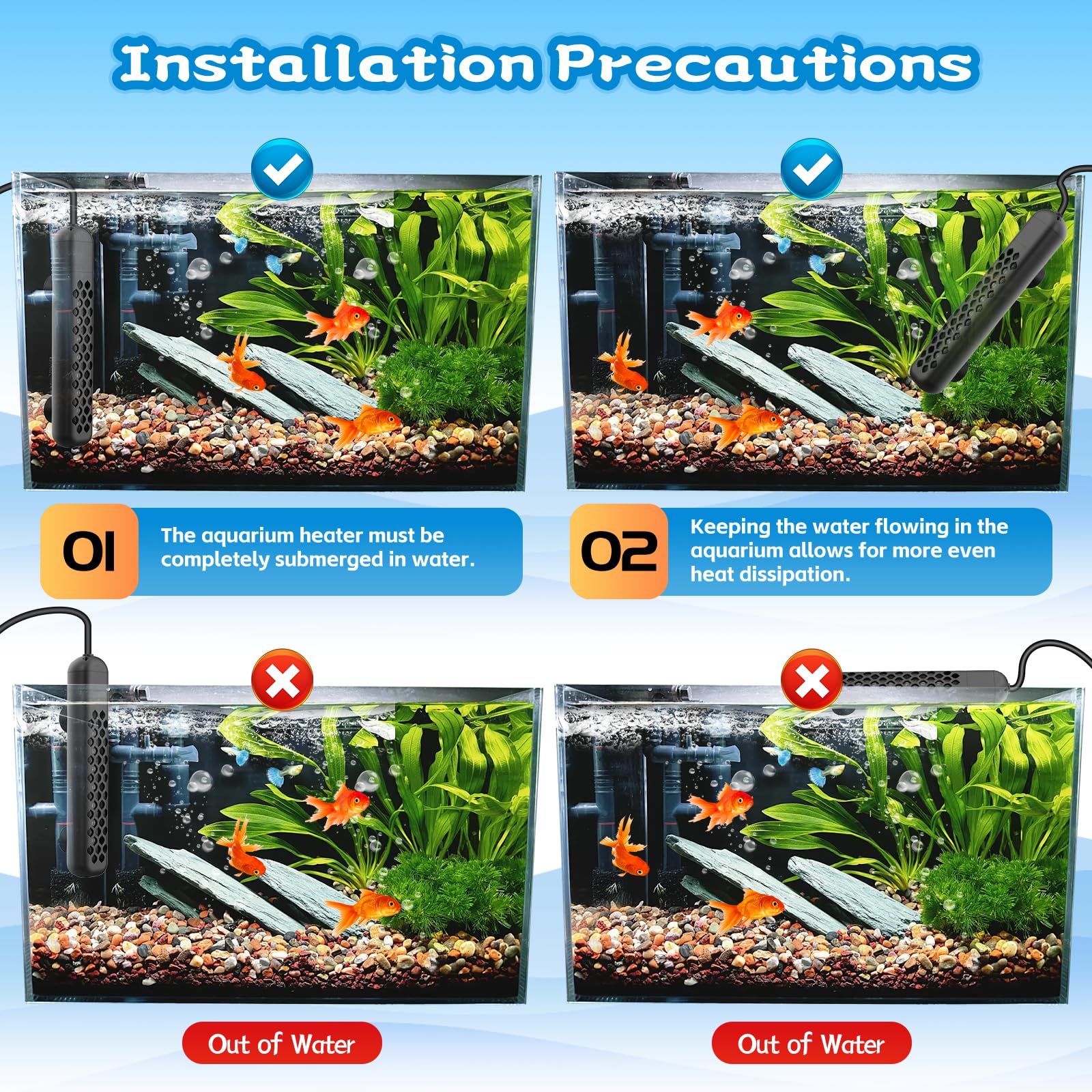 Riscaldatore per acquario, 100 W/200 W/300 W/500 W, riscaldatore regolabile per acquari, con controller digitale intelligente a LED, protezione contro surriscaldamento e fuori dall'acqua per