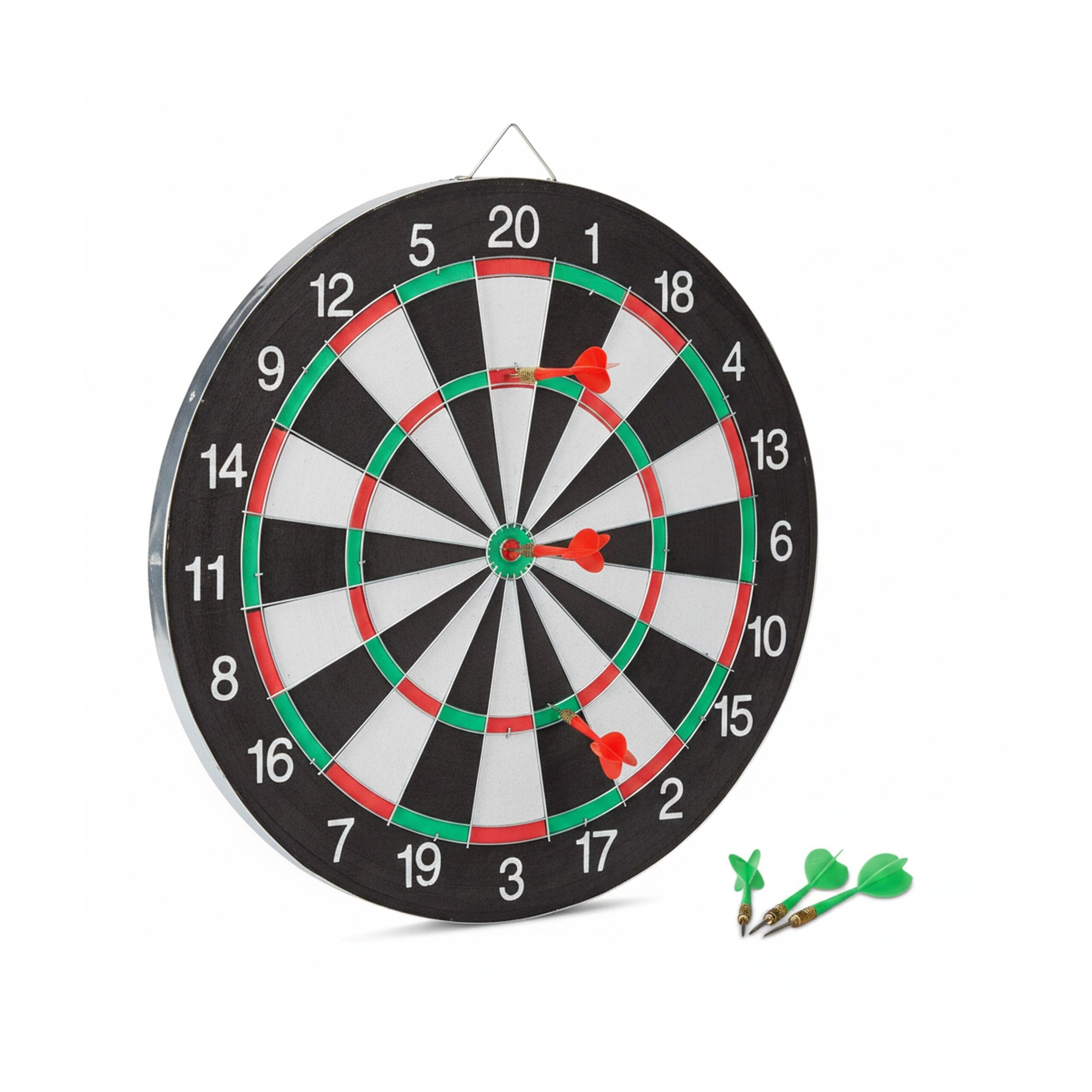 Relaxdays Tarcza do darta X2 ze strzałkami, 43 cm, 6 rzutek, dwustronna, stalowa, klasyczna, czarno-biała