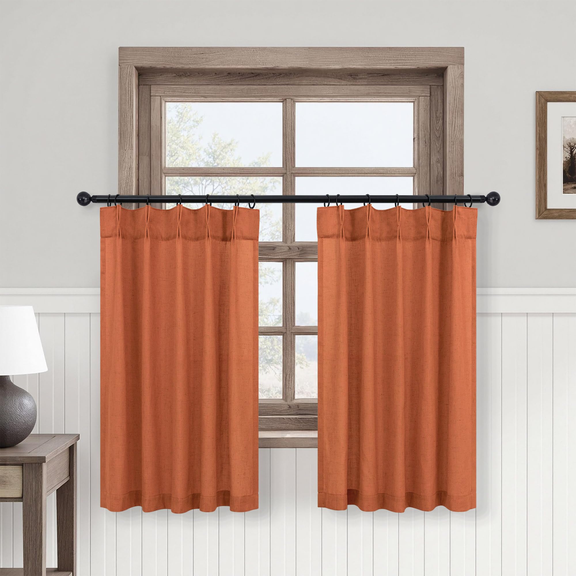Kitchen Cafe Pleated Curtains 24 Inch Length 2 Panel Pinch Pleat Hooks Back Tab Light Filtering Sheer Linen Short Fall Curtain for Small Window