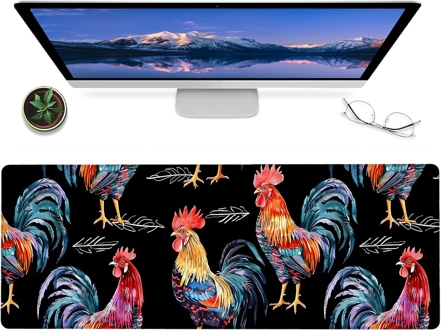 Cute Chicken Gaming Mouse Pad,12x31.5in Non-Slip Rubber Rooster Desk Mat,Large Extended Mousepad for Office Home Laptop,Mice Pads Gifts,Game Lover Deskmat Decor (Black)