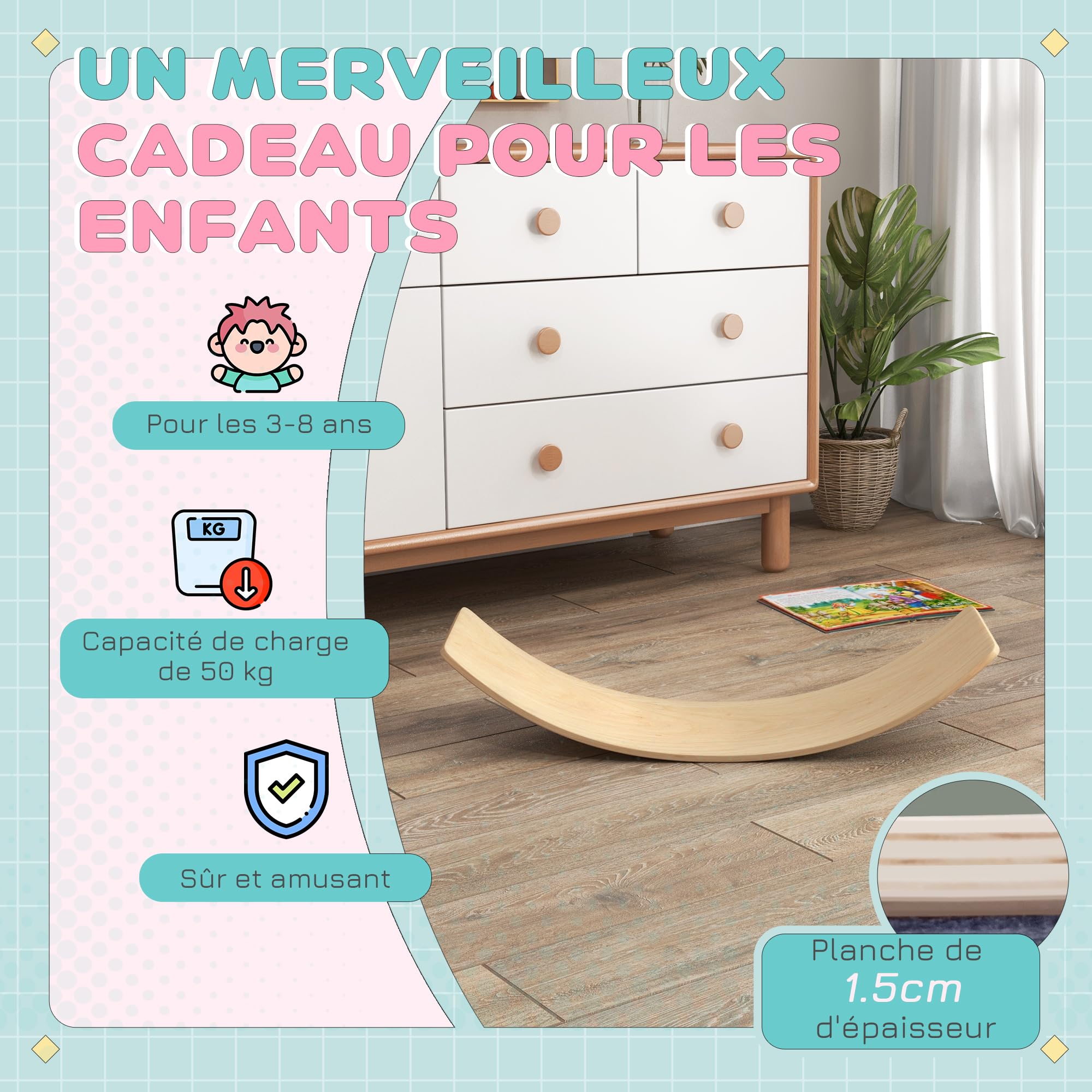 AIYAPLAY Planche d'équilibre pour enfants en bois naturel 90x29x19 cm charge max 50 kg