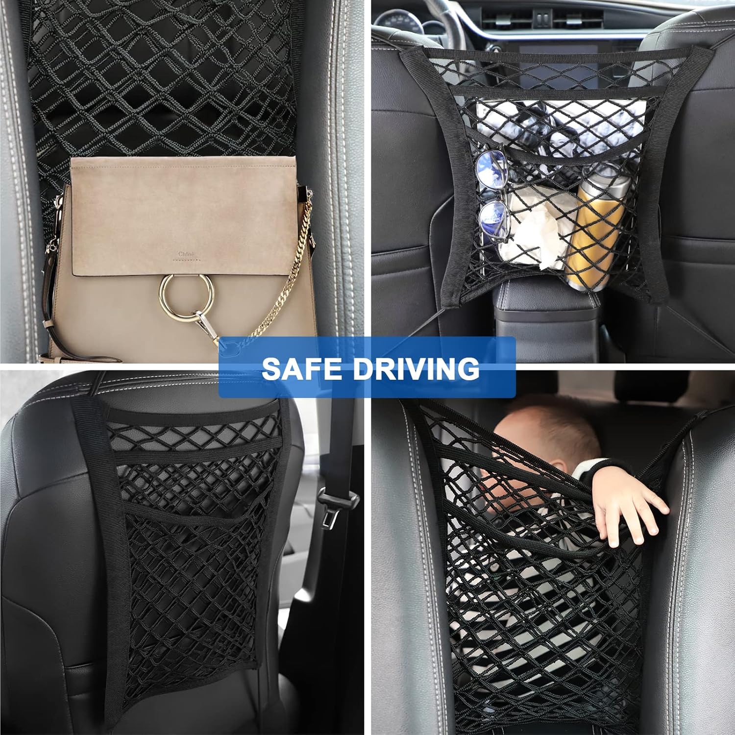 Myndekly 3 Layer Car Net Pocket, Car Mesh Organizer, Car Net Pocket Handbag Holder, Car Net Pocket Handbag Holder Between Seats, Car Handbag Holde, Barrier Of Backseat Pet Kids Image
