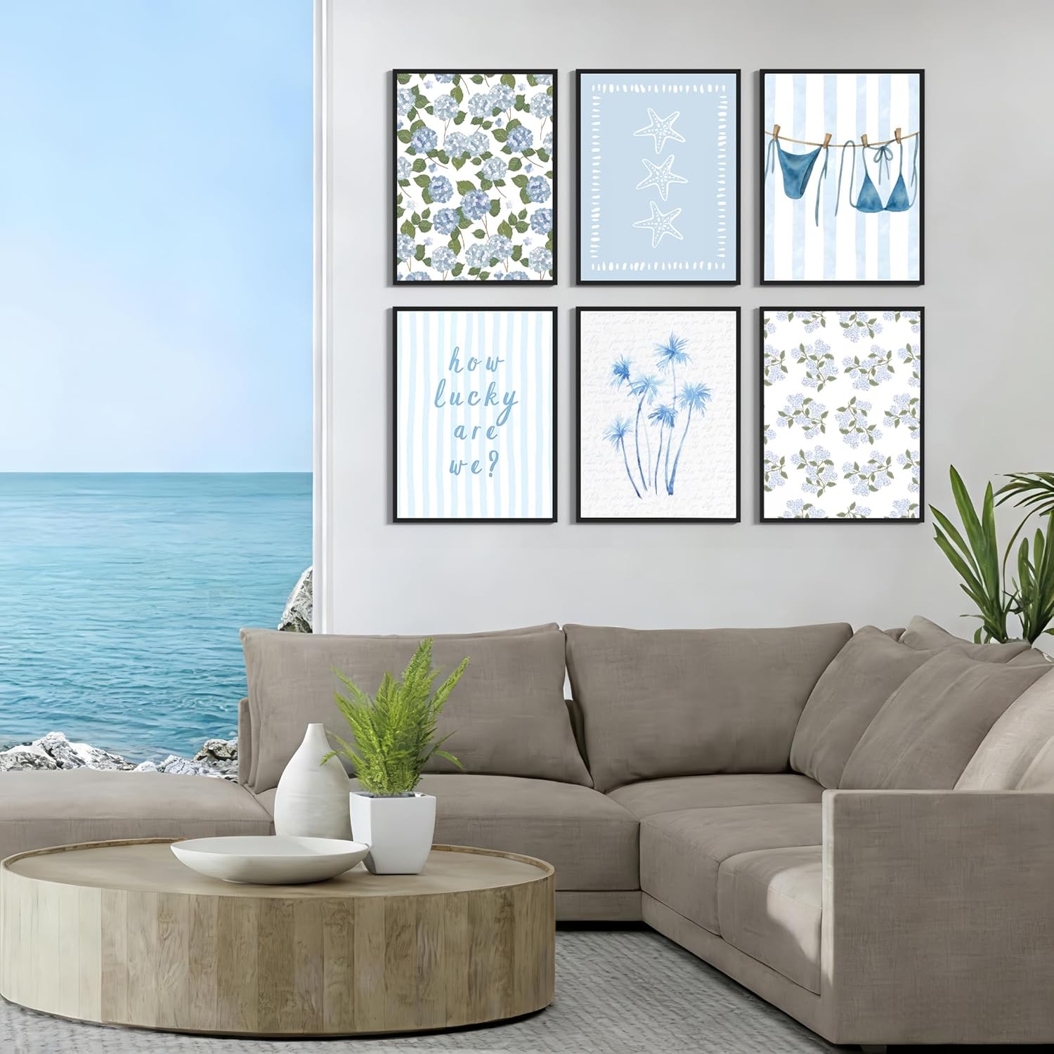 Shrandi 6 Pcs Blue Coastal Beach Canvas Wall Art Light Coastal Granddaughter Aesthetic Picture Prints Blue Bikini Starfish Posters Wall Decor for Girly Room Dorm Bedroom Decoration 12x16In Unframed