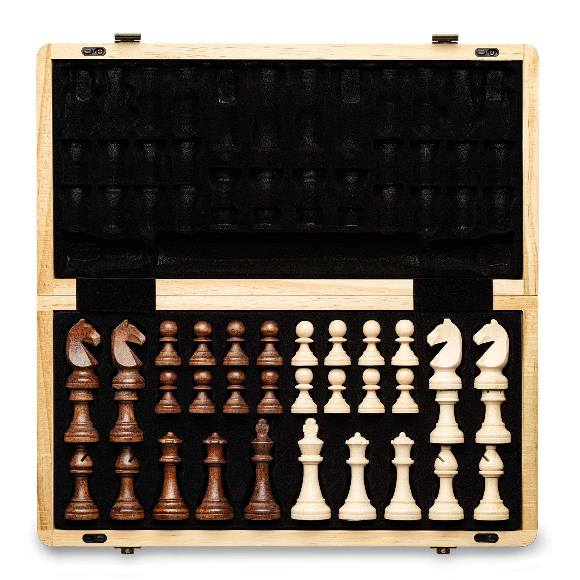 A&A 15 inch Foldable Wooden Magnetic Chess Set w/ 3 inch King Height Staunton Chess Pieces - Pine Box w/Walnut & Maple Inlay