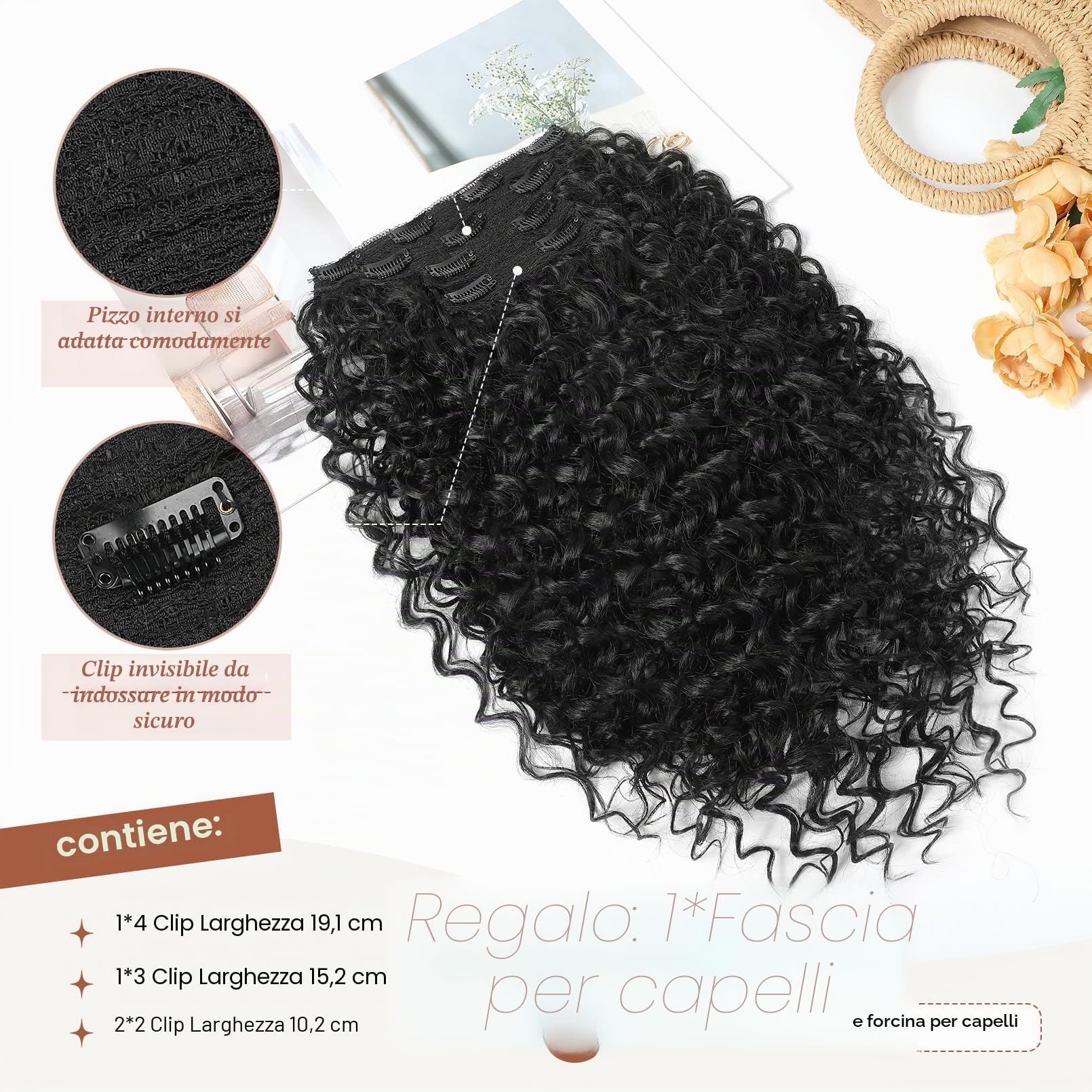 FLUFYMOOZ Extension per capelli a clip, da 4 pezzi, al 100% in pura seta proteica, lunghe, morbide, naturali, ricce, da 50 cm, per donne, nero