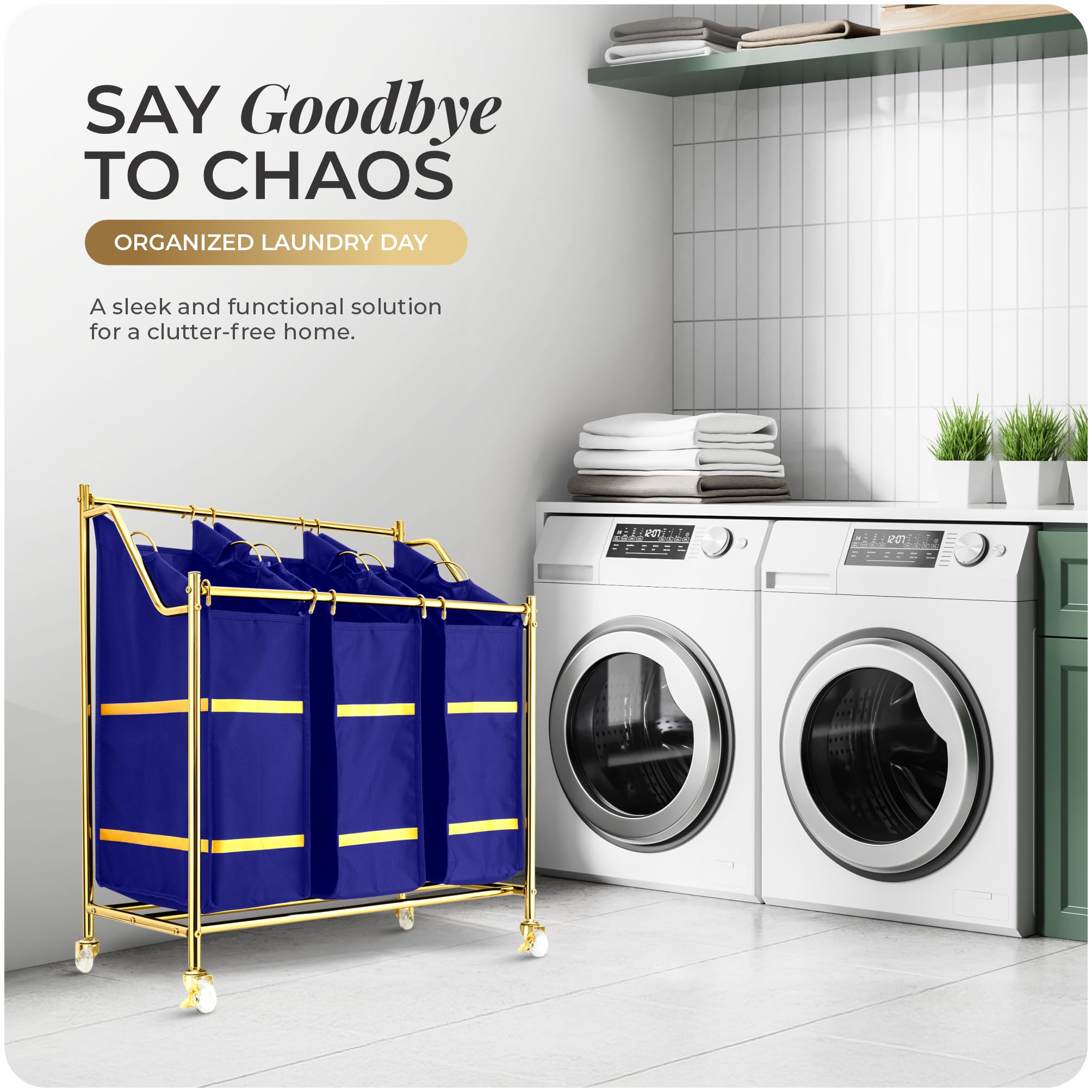 LUXURY STYLE 3- Sections Laundry Sorter, Roling Cart, Modern Golden Laundry Hamper, 3-Bags Organizer Hamper With Wheels, Laundry Basket, XL Hamper For