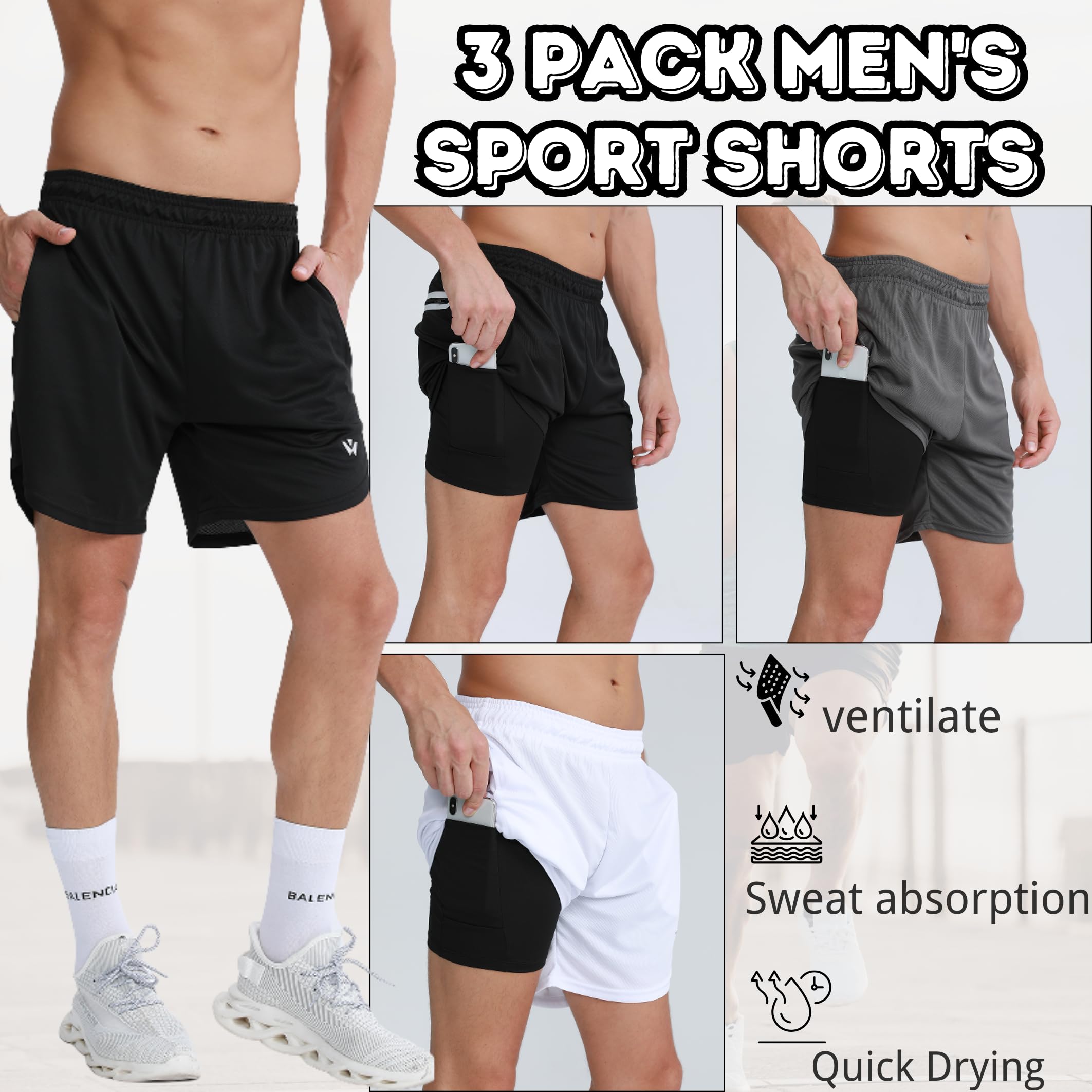 Confezione da 3 pantaloncini sportivi da uomo 2 in 1, ad asciugatura rapida, per palestra, corsa, allenamento, attività sportiva, da uomo, con tasche