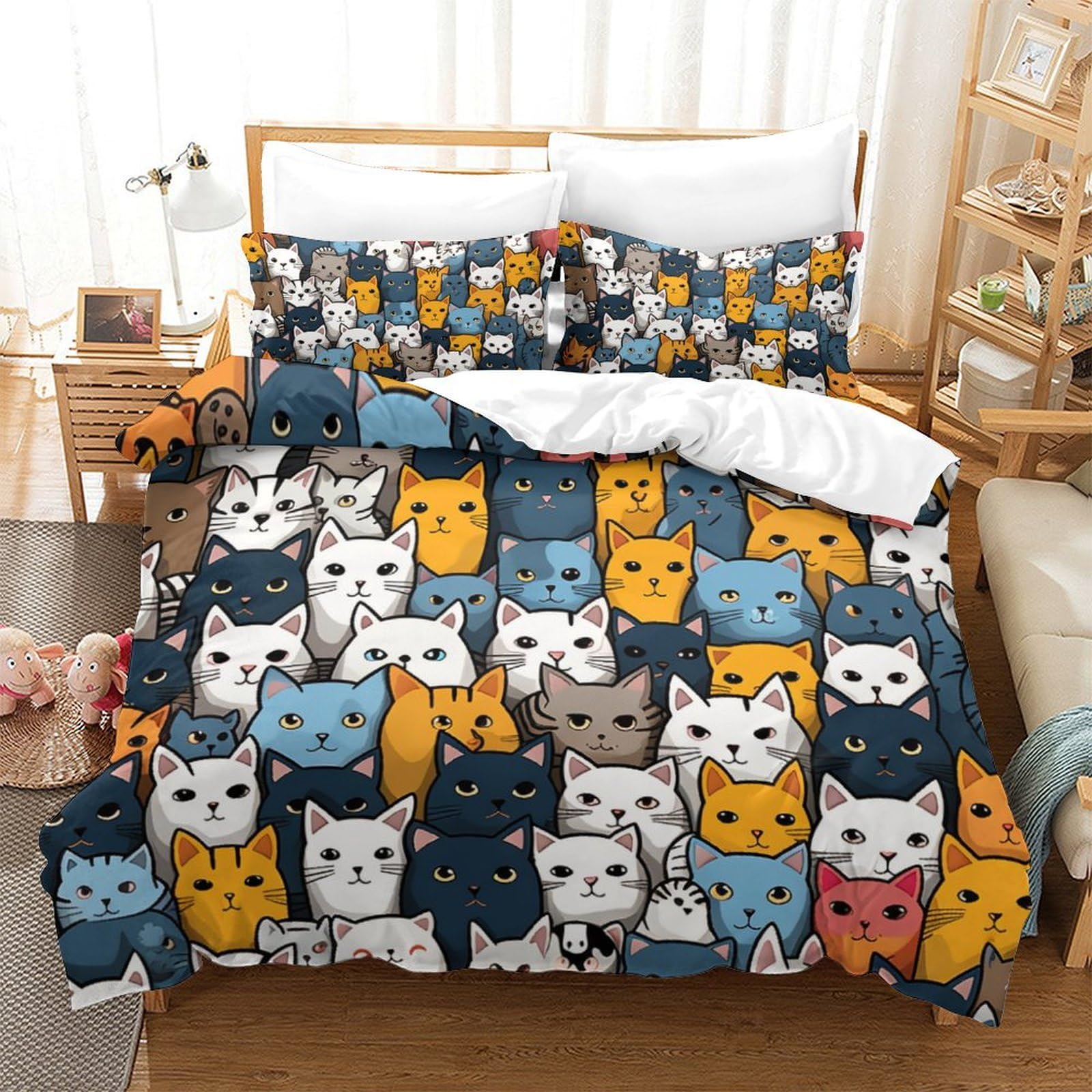 Housse de couette chat 260x220cm zippée en microfibre douce anti-plis pour grand lit d'adolescent