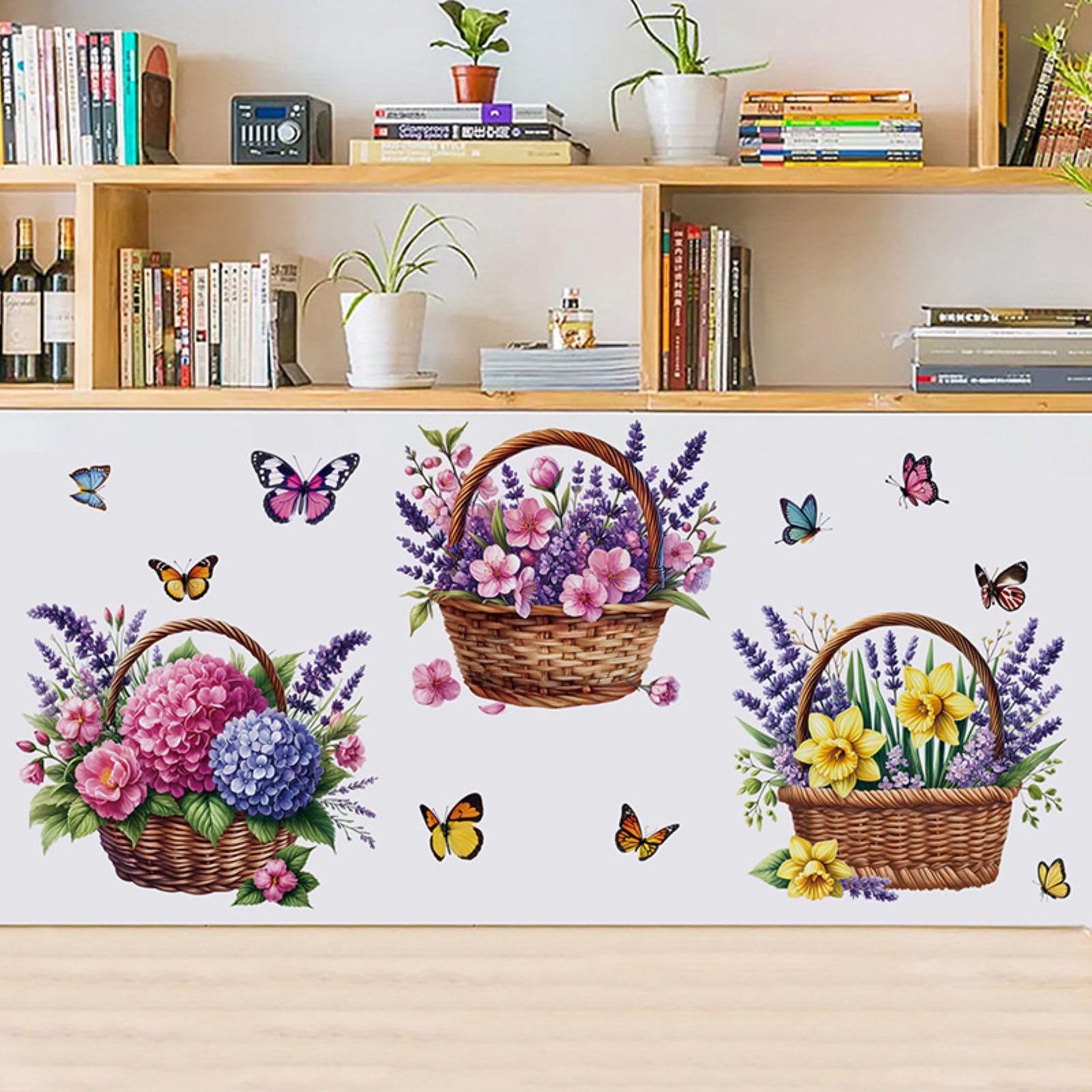 FUFUQUARE Purple Flower Basket Wall Stickers Elegant Butterfly Floral Bouquet Wall Art Decals Peel and Stick Decorations for Bedroom Living Room Nursery Kitchen Toilet Seat Lid - Image 3