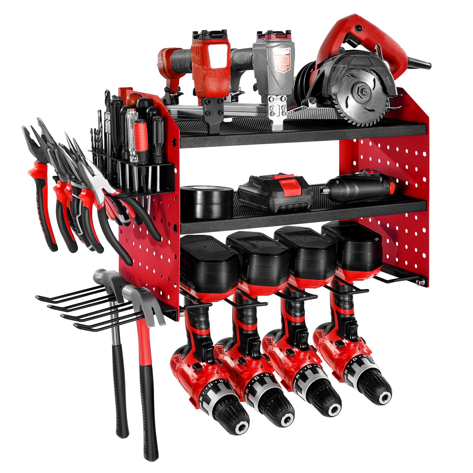 VEVOR Organiseur mural pour outils électriques, support de rangement à 3 niveaux avec 4 supports de perceuse, porte-​outils avec panneaux perforés latéraux, étagère à outils pour garage et atelier