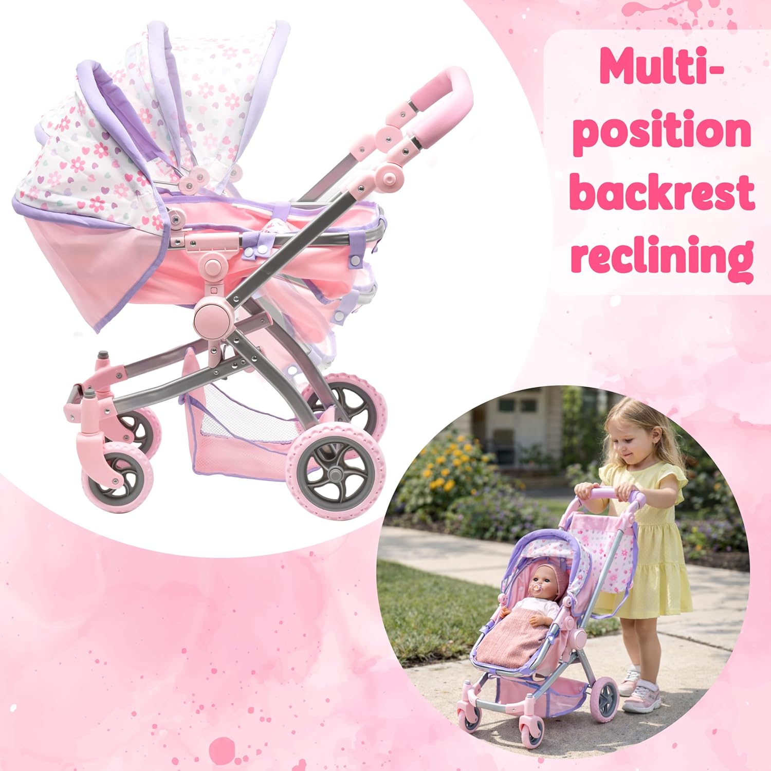 Baby Doll Convertible Pram Stroller for Kids, Adjustable Handle Foldable Buggy Carriage with Canopy and Storage Basket Heavy Duty Premium Quality Purple - 25 Inch