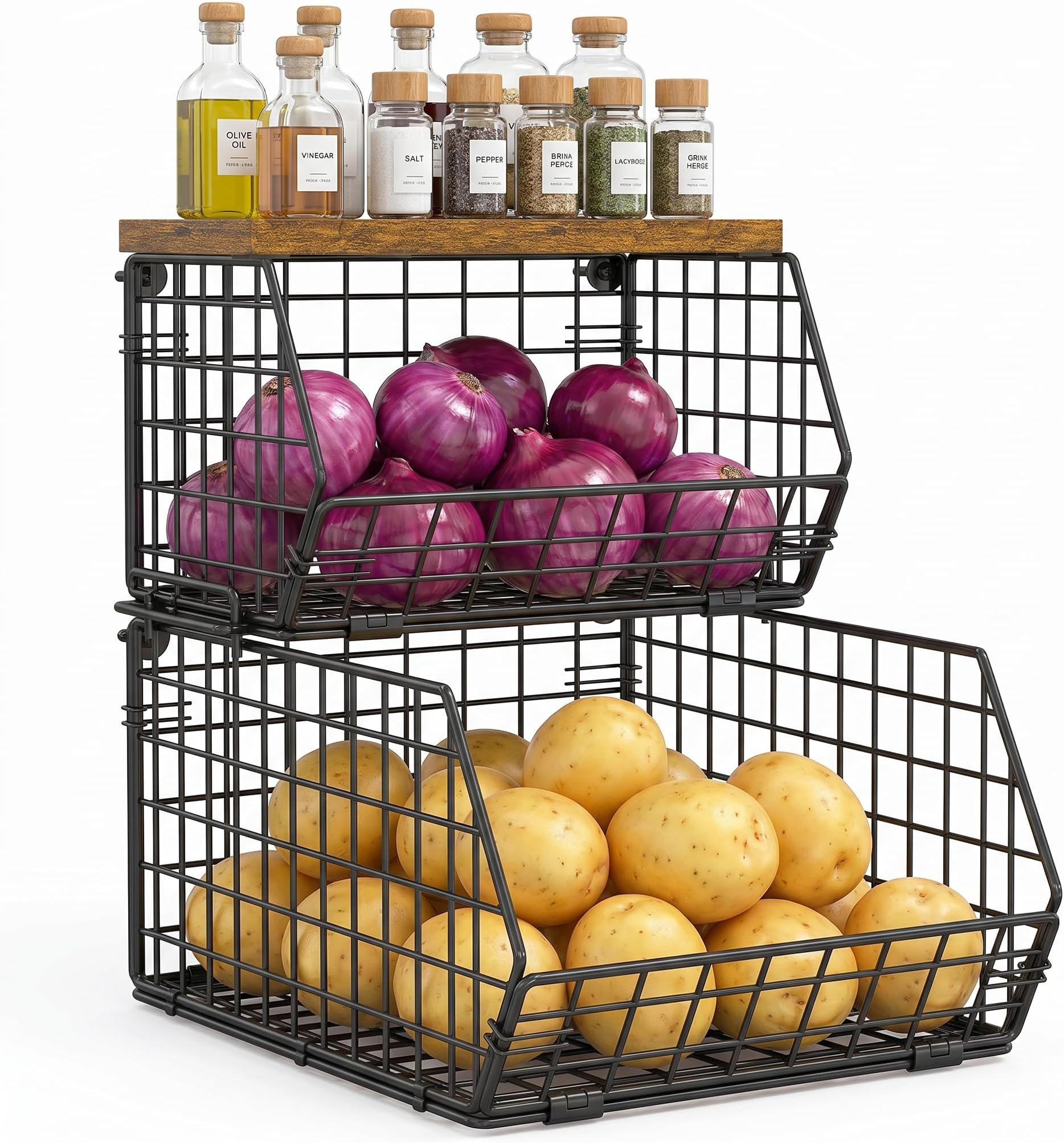 Stackable Fruit Basket for Kitchen Counter, 2 Tier Wire Baskets with Wooden Lid Top, Vegetable Storage Organizer Bins, Wall Mountable Pantry Baskets for Produce, Onion, Potato, Black