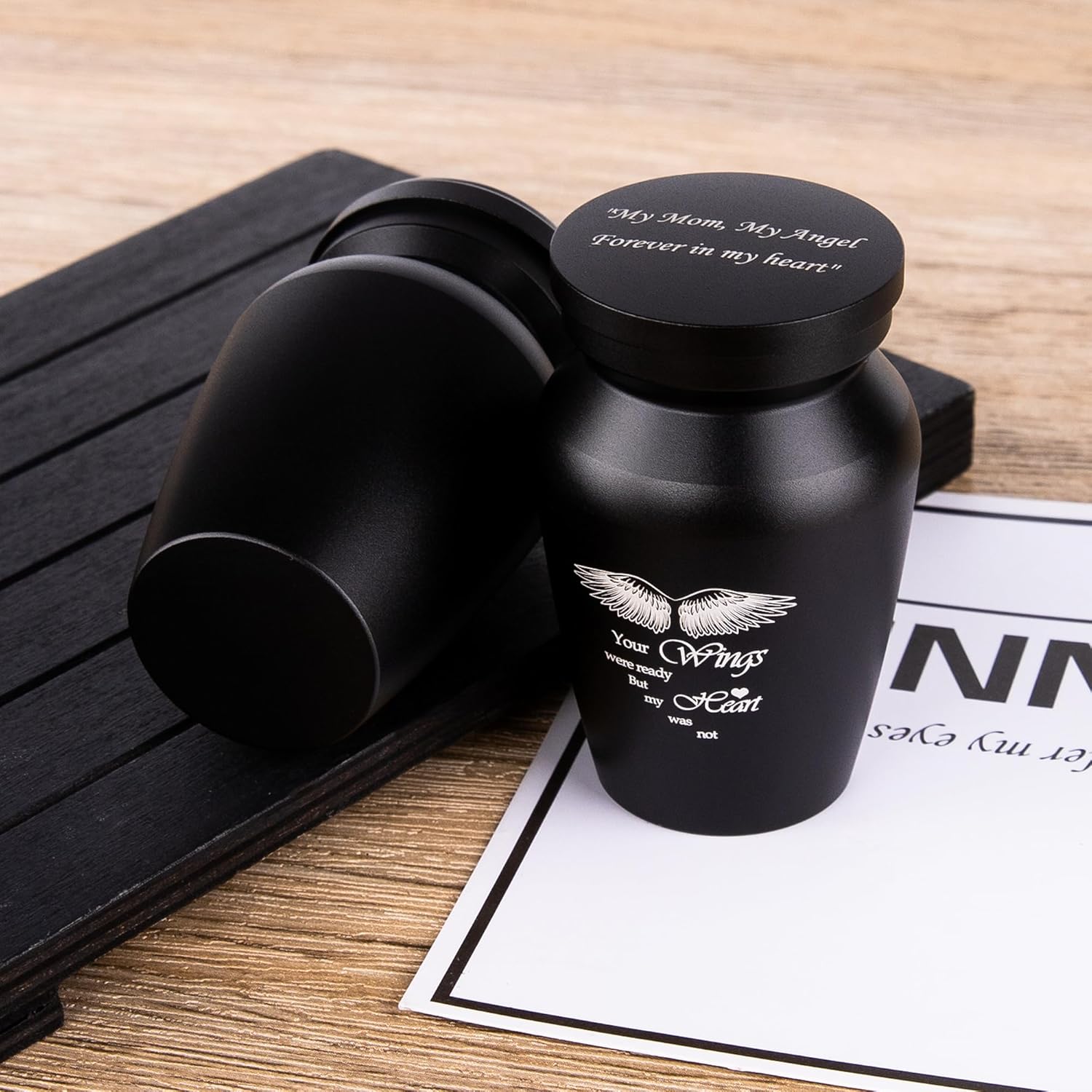 Fanery Sue Personalized Small Urns for Human Ashes,Mini Urns for Ashes Small Urn for Ashes Keepsake,Customized Quote (Black Your Wings were Ready but My Heart was not&S)