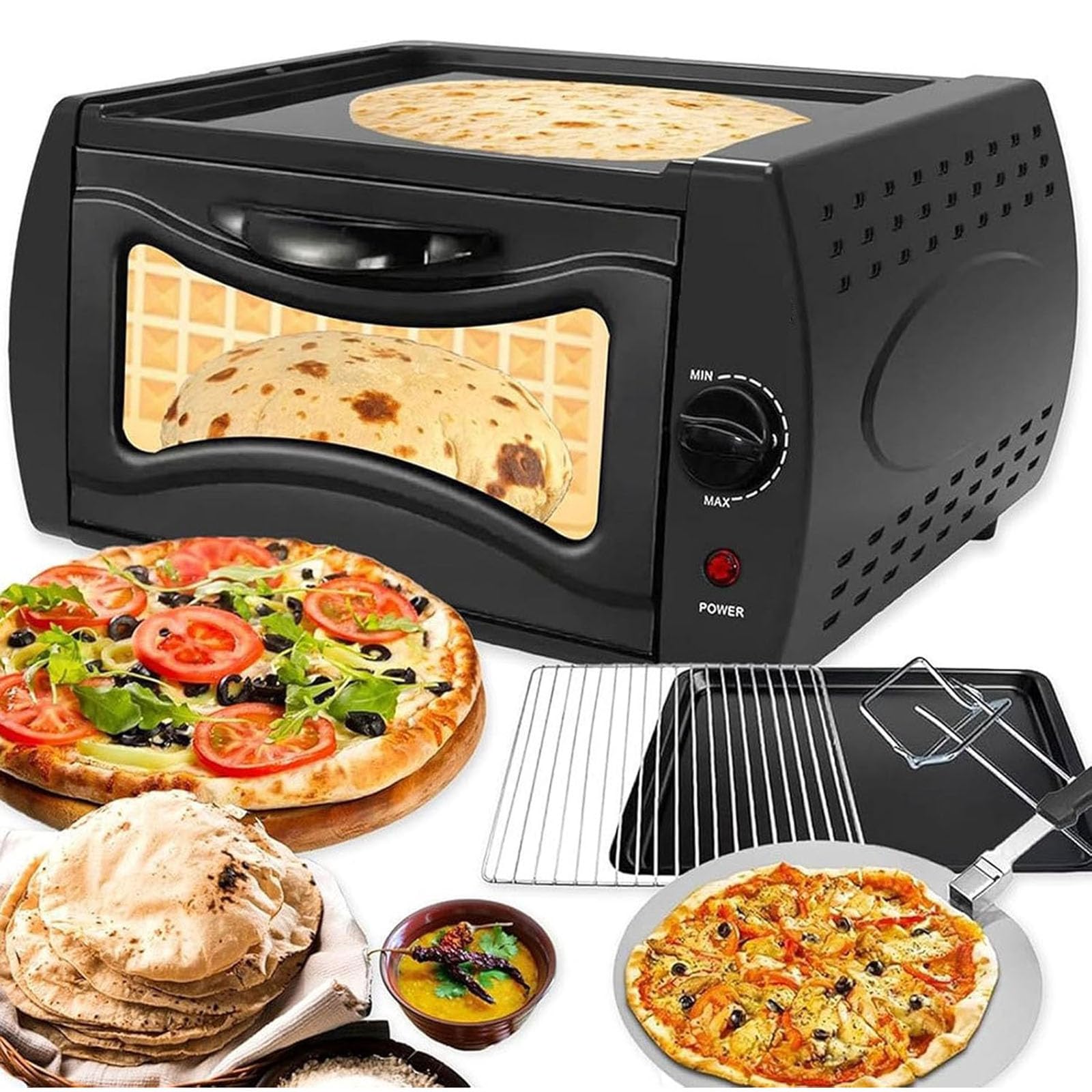Elektryczny piekarnik tandoori i urządzenie do pieczenia pizzy – piekarnik do pizzy o pojemności 15 l z dyskiem i zaciskiem, regulowana kontrola temperatury – idealny do pieczenia, grillowania i