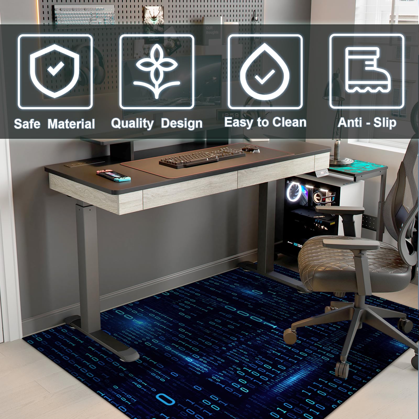 Washable Game Area Rug, Binary Code Design Gaming Programmer Teen Carpet Rug Doormat, Non-Slip Low-Pile Floor Carpet for Computer Bedroom Indoor Front Entrance Living Room Office (60" x 40"): Blue Binary Code Area Rug 3'11" x 5'3" (Rectangular)