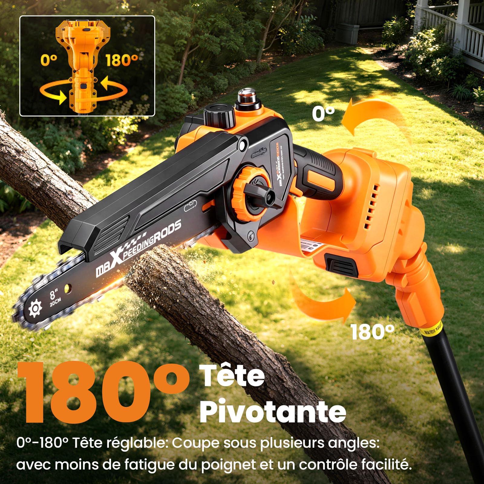 maXpeedingrods 4-en-1 Mini Tronçonneuse & Elagueuse sur Perche 8 & 6 Pouces