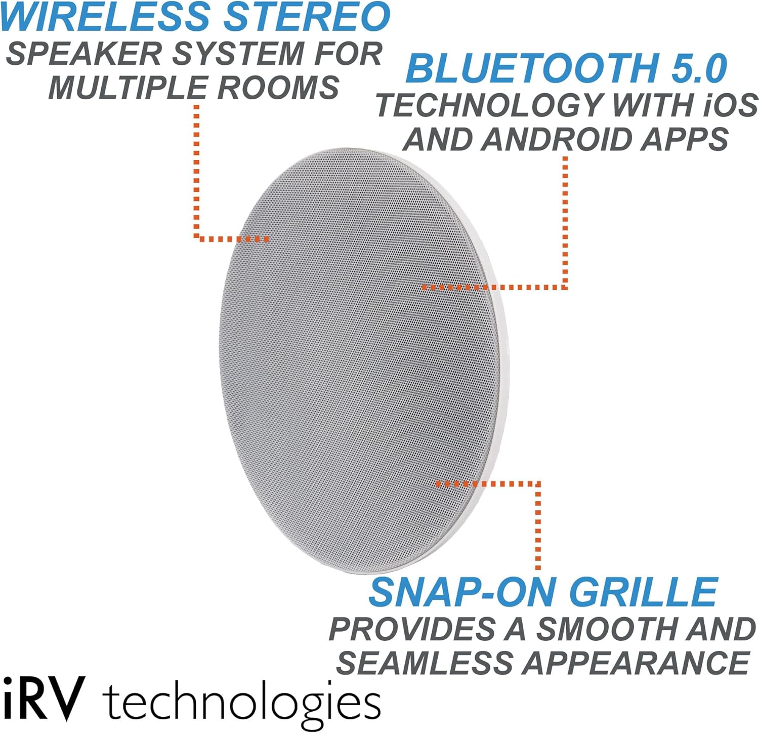 Diagram highlighting key features of the iRV6LPSPS speaker: wireless stereo, Bluetooth 5.0, and snap-on grille.