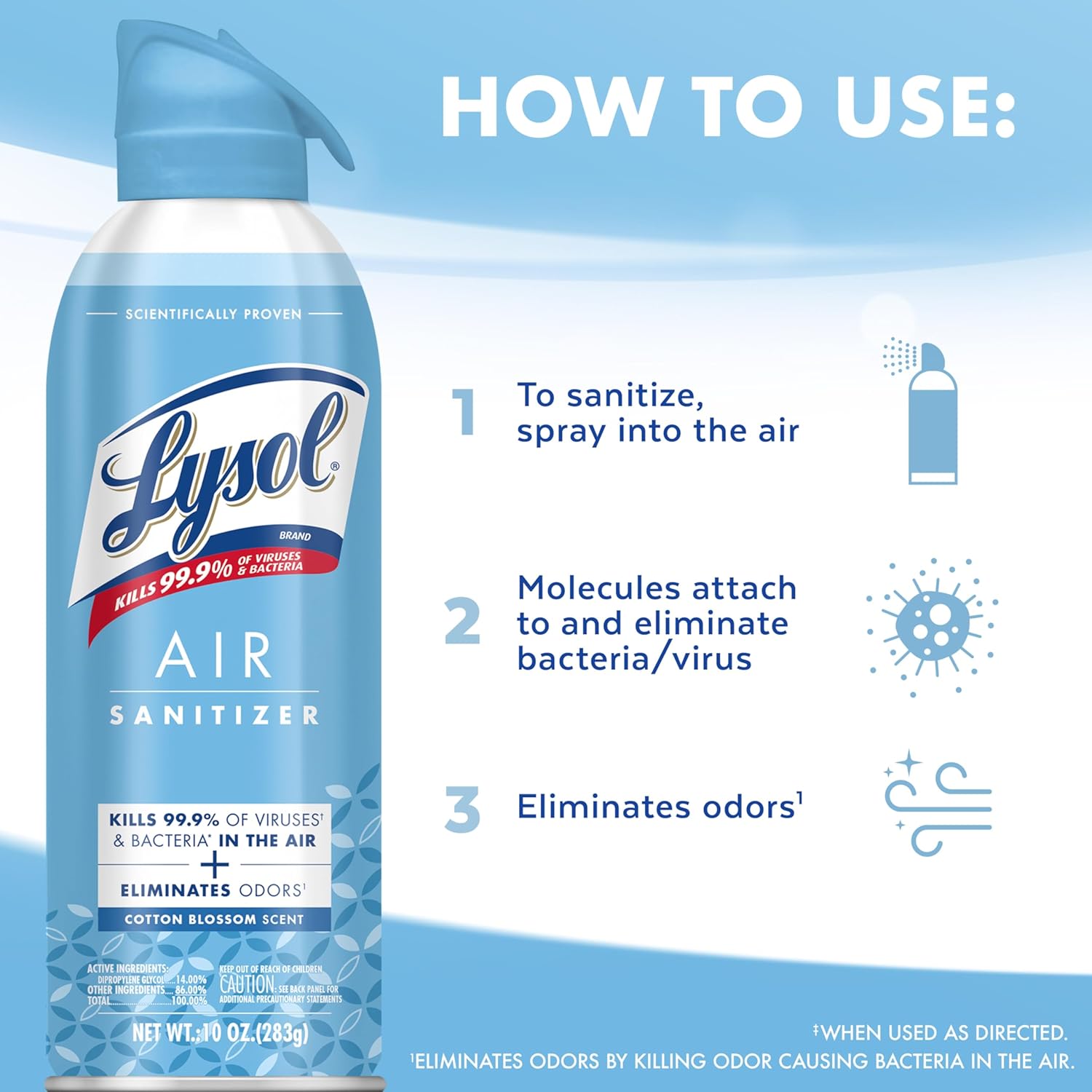 Lysol Air Sanitizer Spray with Bacterial Odor Eliminator for Home & Office, Sanitizing Air Spray, Air Freshener Alternative, Cotton Blossom Scent, 10 oz (Pack of 3)
