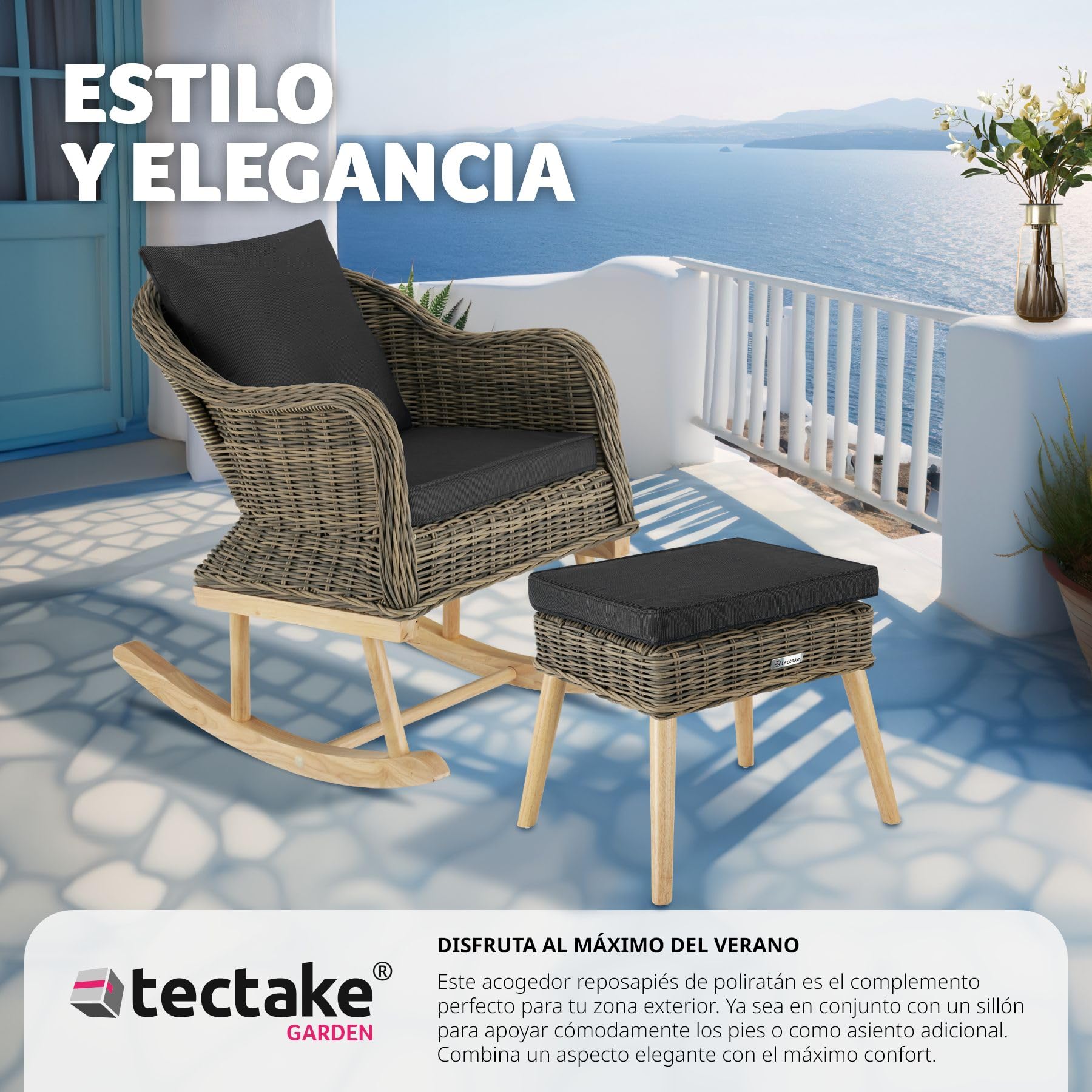 TecTake® Reposapies Salon de Ratán Sintético, Estructura de Aluminio, Funda Lavable, Patas de Madera Ajustables, Reposapies de Oficina, Ideal para tu Conjunto Jardin Exterior - Natural
