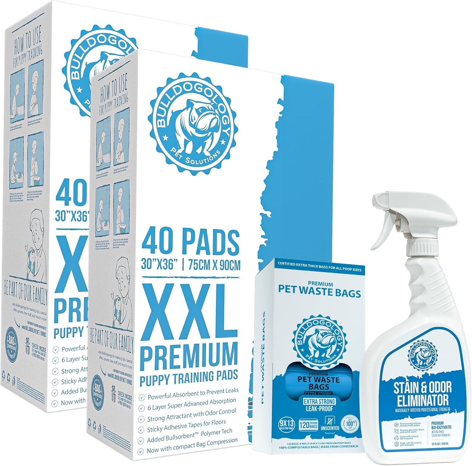 80-Count XXL Dog Pads w Stain & Odor Remover and Dog Poop Bag Bundle