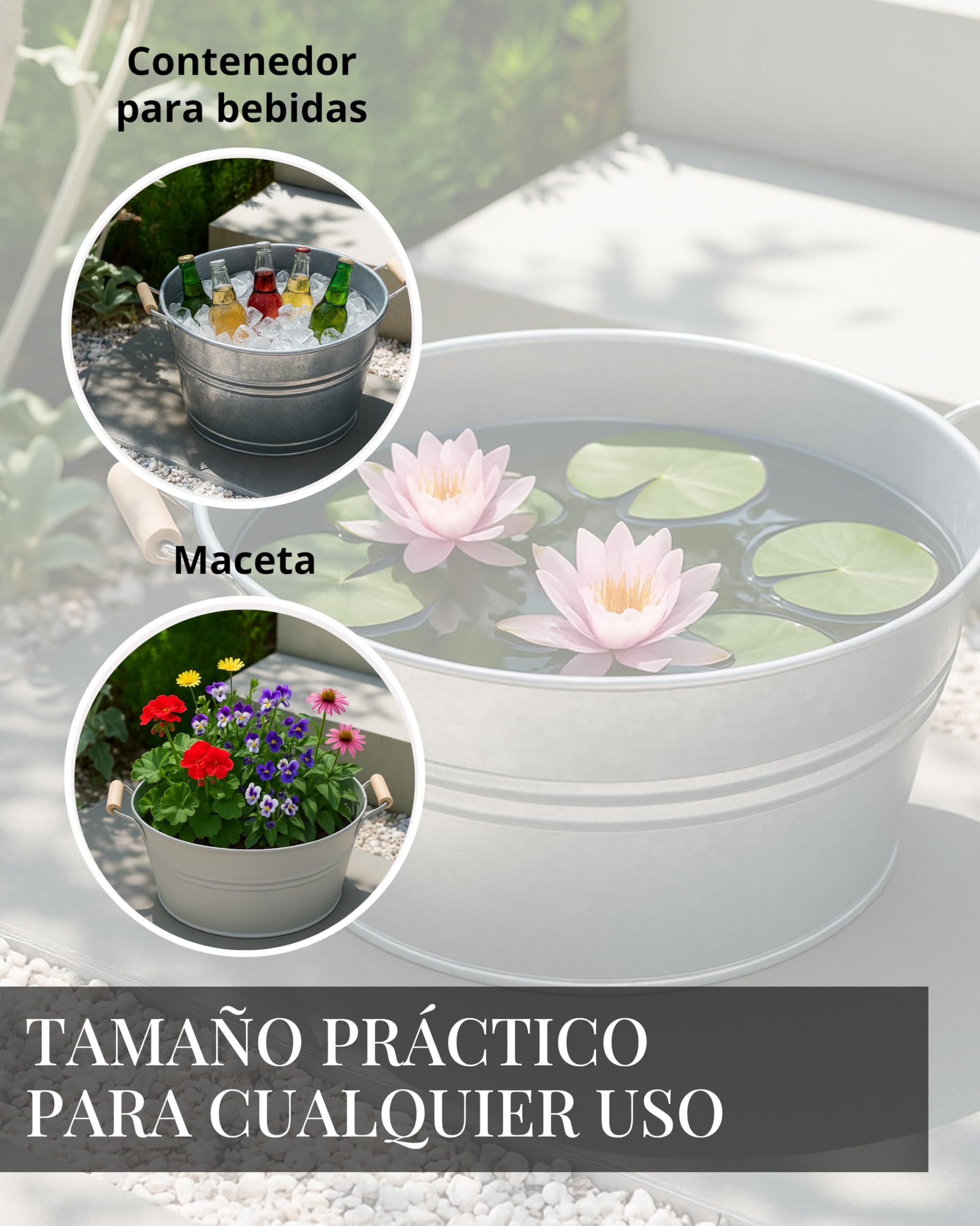 Livlig53 LIVLIG - Recipiente de zinc de 30 l con asas, bandeja de chapa galvanizada como macetero grande, enfriador de bebidas, mini estanque y decoración de jardín, enfriador de botellas de alta