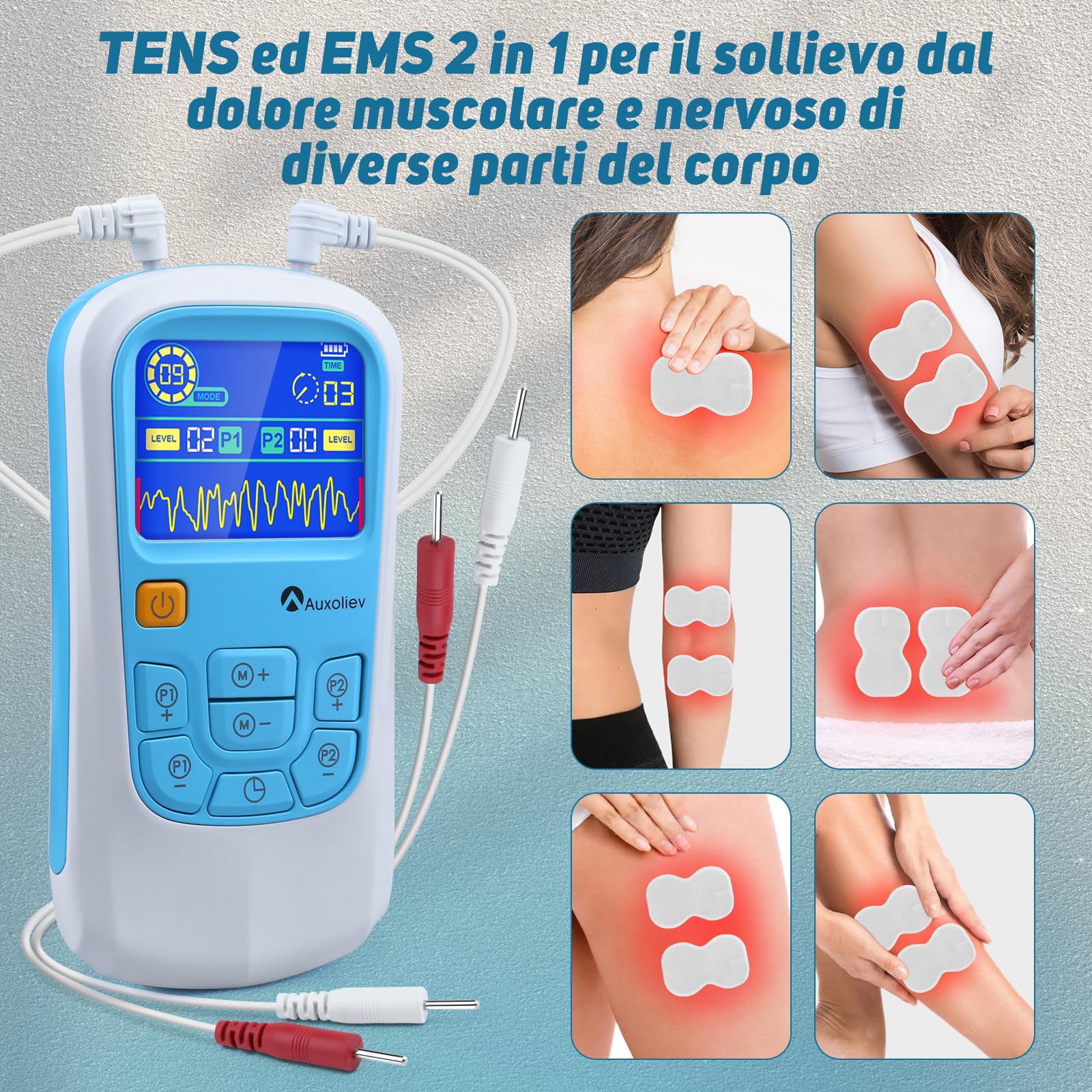 Auxoliev 2012A Elettrostimolatore muscolare, TENS/EMS, 25 modalità per alleviare il dolore e trattare schiena, collo, articolazioni, sciatica e corpo - Blu e bianco