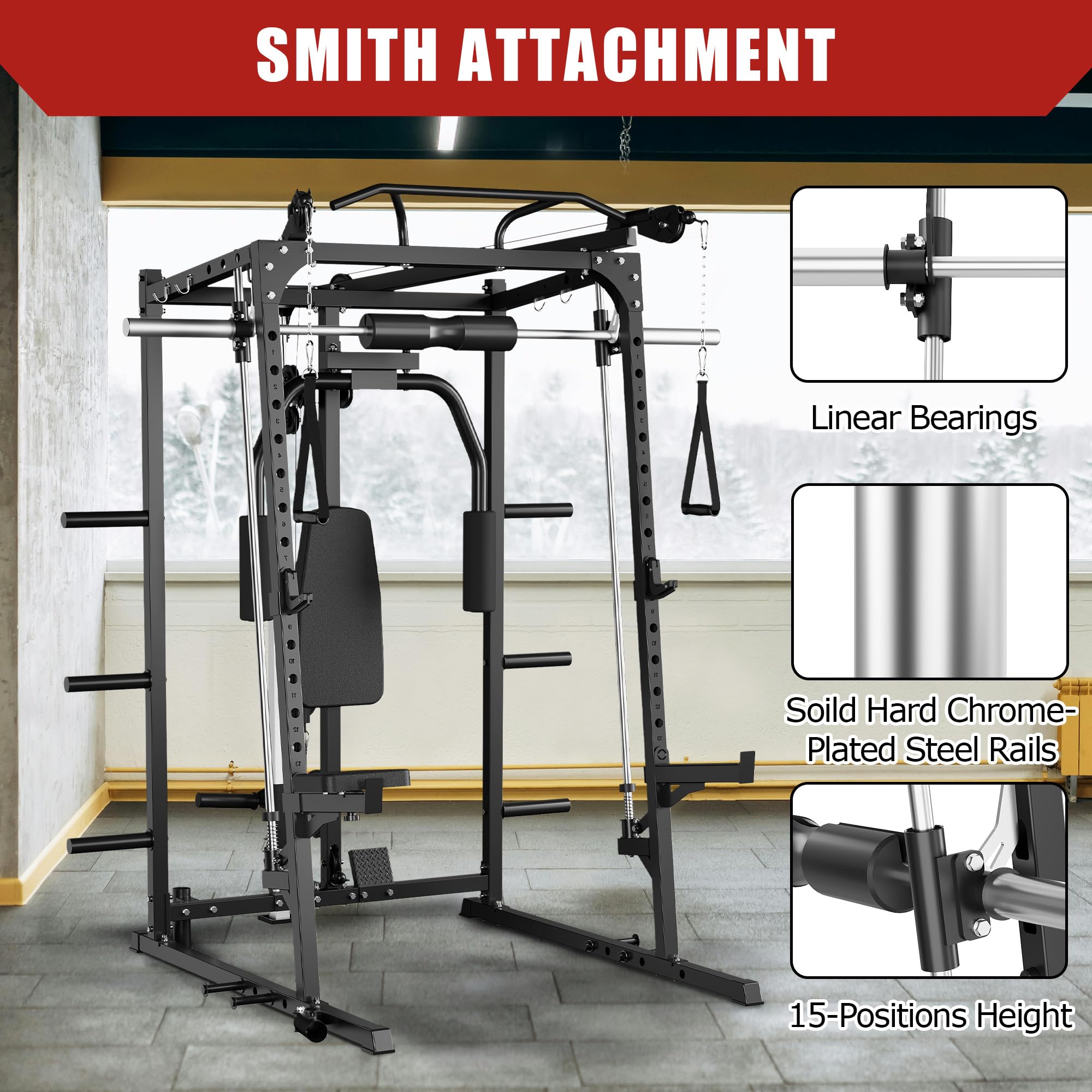 Smith Machine Home Gym, 2000 Lbs Multi-Function Power Cage Squat Rack with Smith Bar, Cable Machine, 2 LAT Pull-Down Systems, All in One Home Gym System with 8 Weight Storage Pins and More