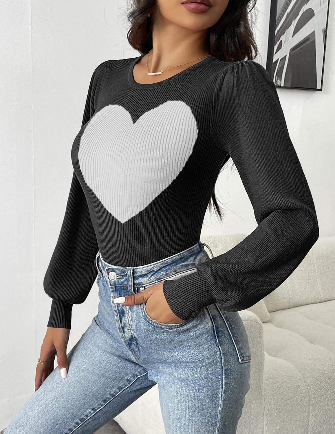 Zeagoo Women 2026 Long Puff Sleeve Sweater Fall Slim Fit Pullover Tops Crewneck Ribbed Knit Bodysuit Jumpsuit - Image 3