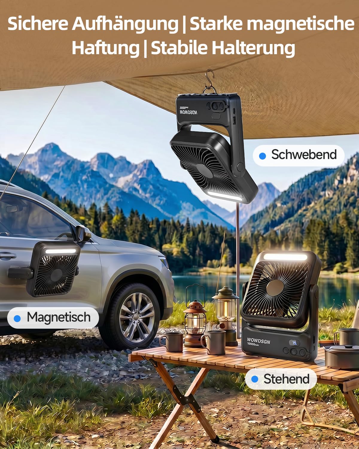 WOWDSGN Ventilator Akku 10000mAh mit Starkem 𝐌𝐚𝐠𝐧𝐞𝐭𝐟𝐮ß, Tischventilator USB mit LED-Nachtlicht & Haken, Powerbank-Funktion, 8-Stunden Timer, für Camping, Wohnmobil, Schlafzimmer, Reisen