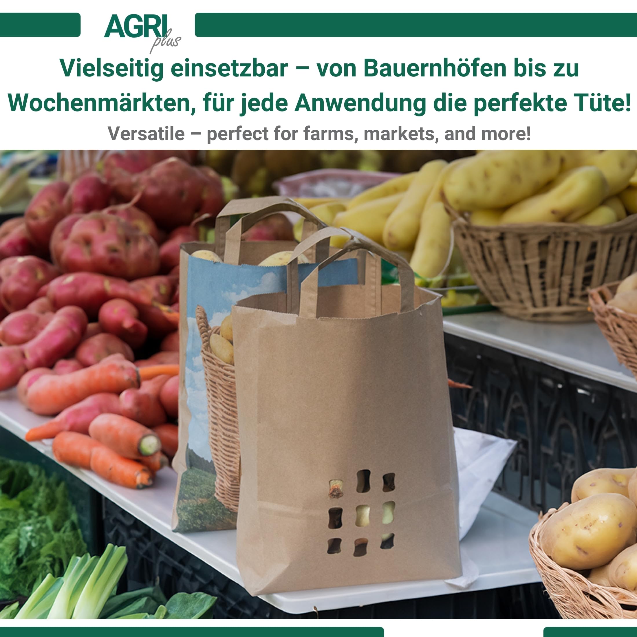 AGRI plus Kartoffeltüten "Kartoffeln aus der Region" 5 kg I 250 Stück I Biologisch abbaubare Papiertragetaschen in 220 x 100 x 360 mm I Robuste Kartoffeltragetaschen aus 90 g/m² Kraftpapier