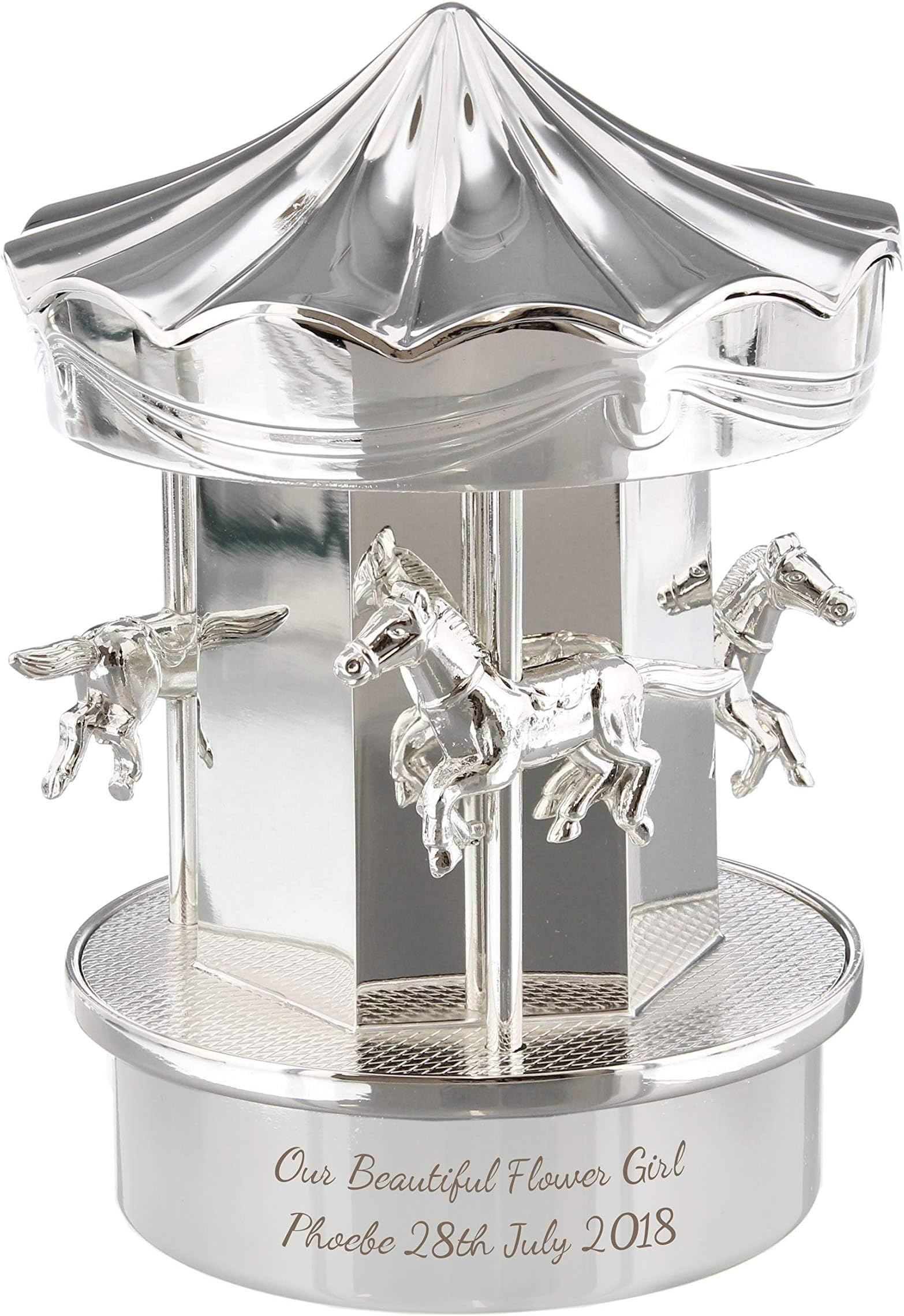 Personalised Silver Plated Carousel Money Box – Custom Engraved Baby Gift – Perfect for Newborns, Christenings, Baptisms & Birthdays – Luxury Keepsake (2 Lines, 30 Characters Each)