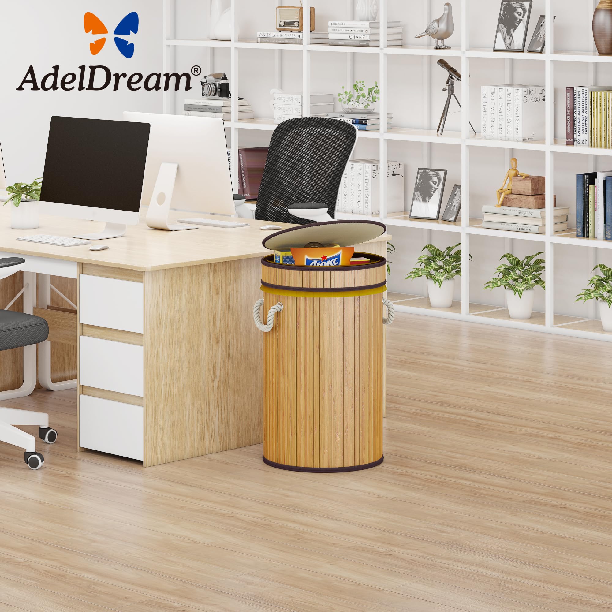 AdelDream Support pour sacs jaunes poubelle en bois anti-odeur pour sacs jaunes poubelle hermétique idéale comme support pour sacs jaunes poubelle pour sacs jaunes de 60L modèle rond