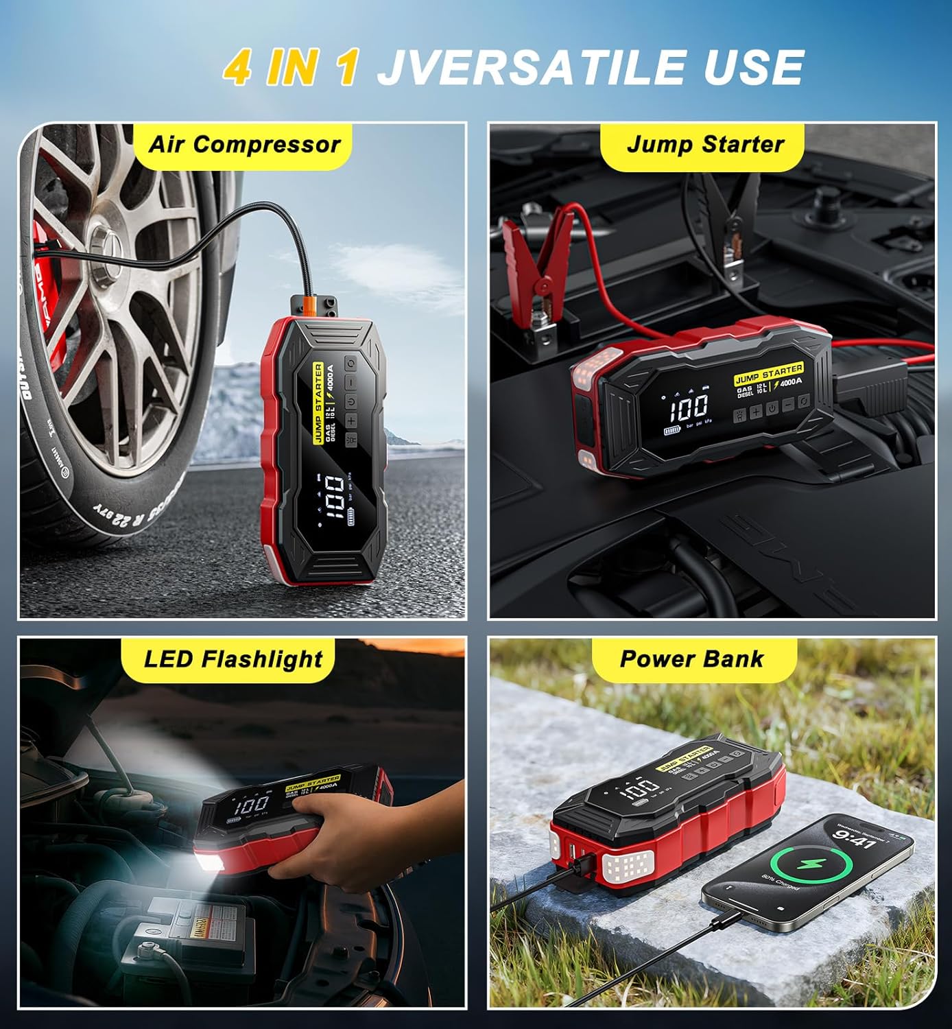 Jump Starter with Air Compressor, Portable Car Battery Jump Starter(12 Gas/10L Diesel), 4000A Peak 160PSI 12V Automobile Jump Box Pack Chargers with Jumper Cables, 4-Mode LED Lights, LCD Display - Image 3