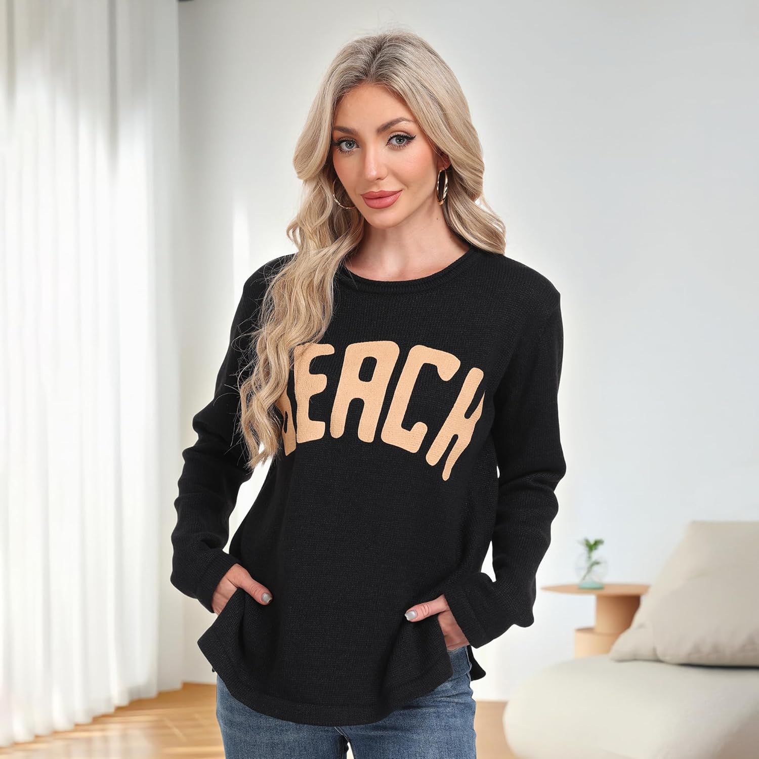 Womens Casual Sweater Women's Casual Loose Letter Print Long Sleeve Crewneck Knitted Pullover - Image 3