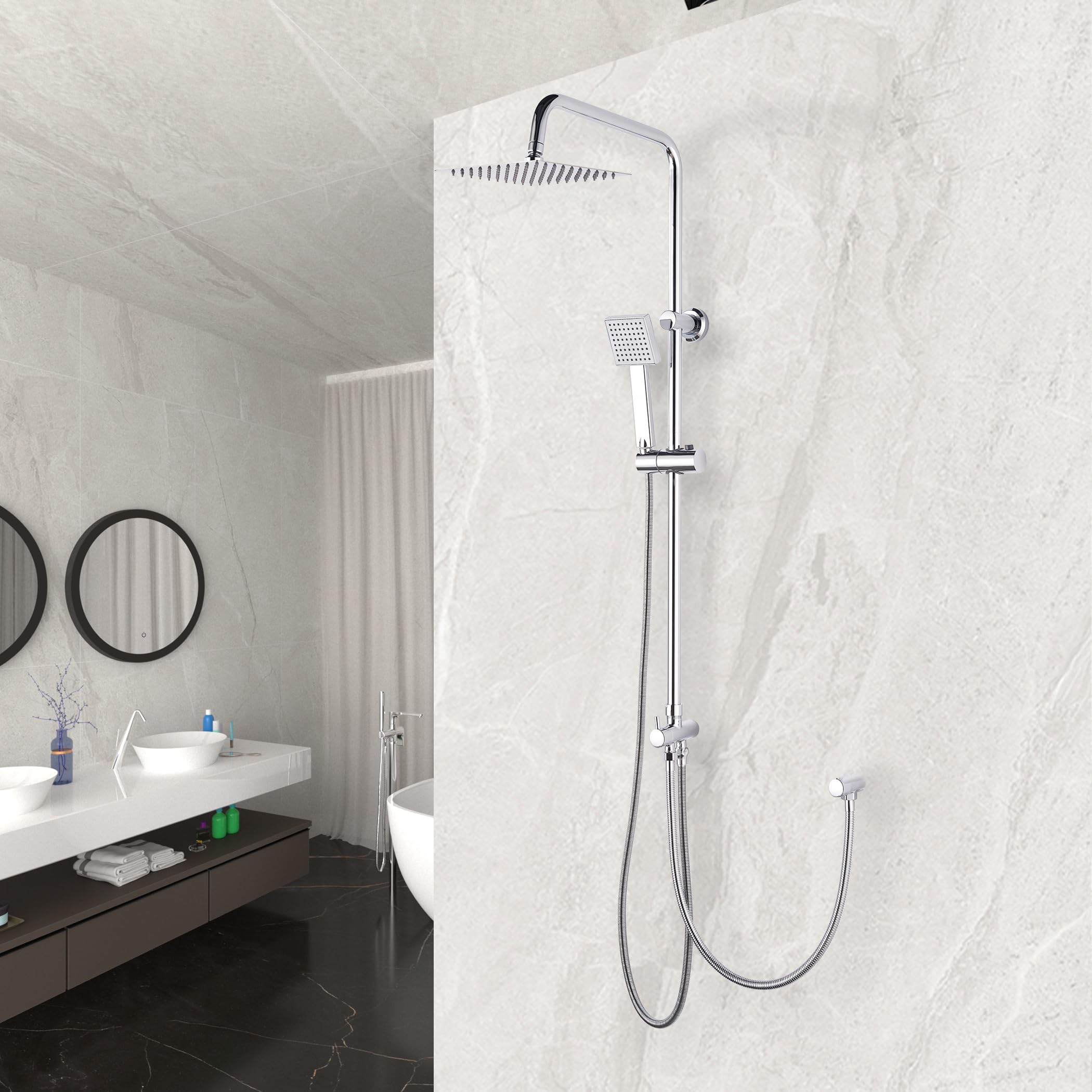 Columna de ducha cromada con cabezal de ducha cuadrado tipo lluvia de 20x20 cm, acero inoxidable.