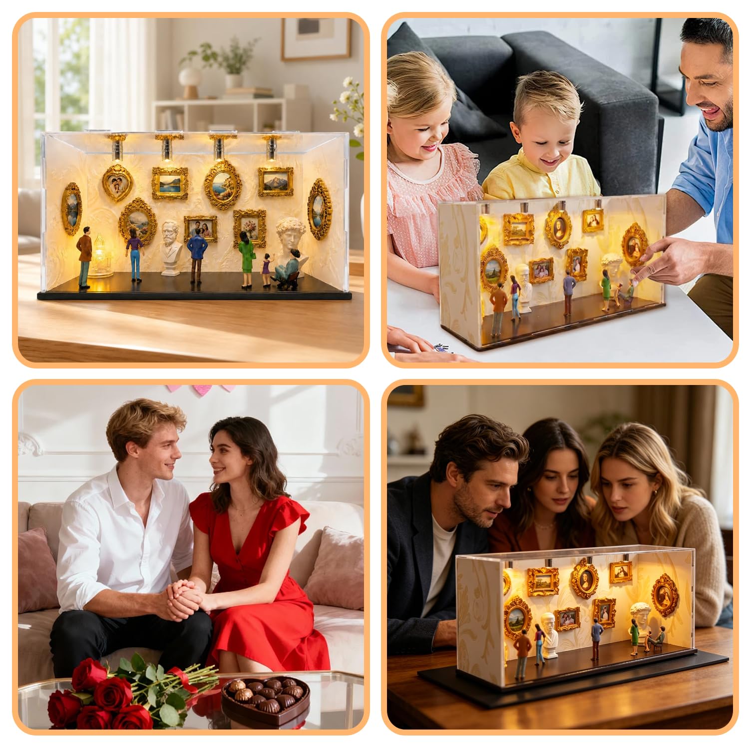 Mini boîte de silhouette de musée à faire soi-même Contient 6 figurines, 9 cadres dorés et 2 sculptures, Vitrine de Cadre de boîte d’Ombres éclairée personnalisée pour Anniversaire,Mariage, Décoration