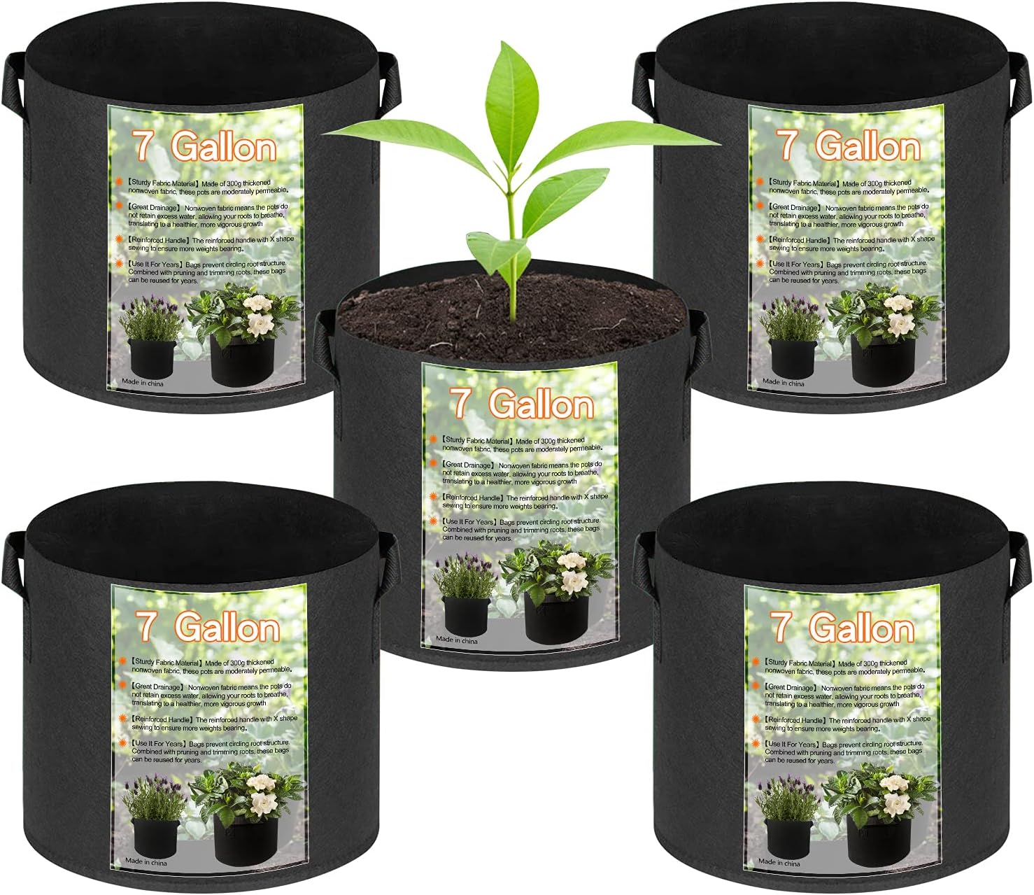5-Pack 7 Gallon Grow Bags Heavy Duty Thickened Nonwoven Fabric Pots with Handles Plant Grow Bags for Plants, Fruits and Vegetables