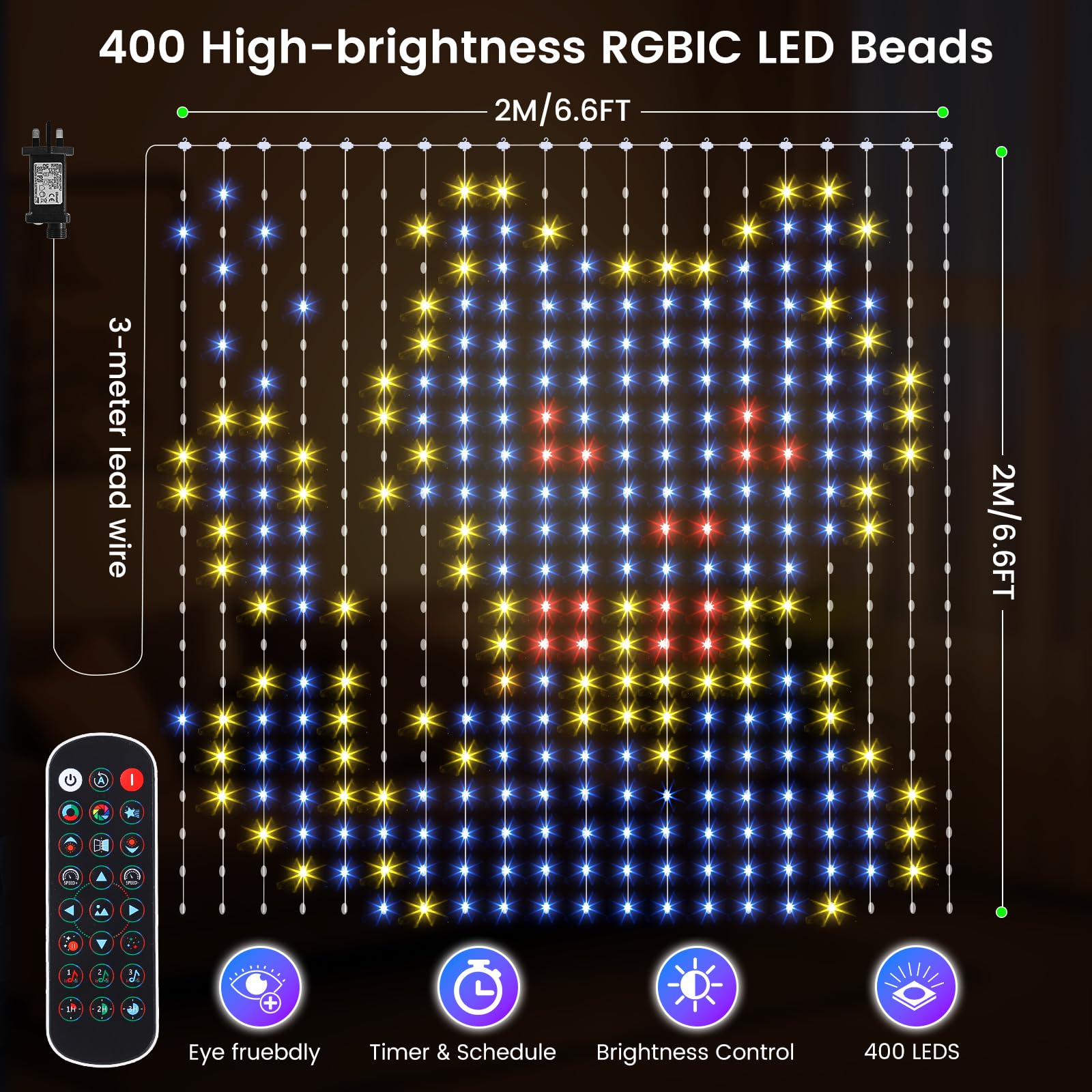 GlobaLink RGBIC Smart Curtain Lights, 2x2M 400LED Curtain Fairy Lights with App & 24-Key Remote - Image 2