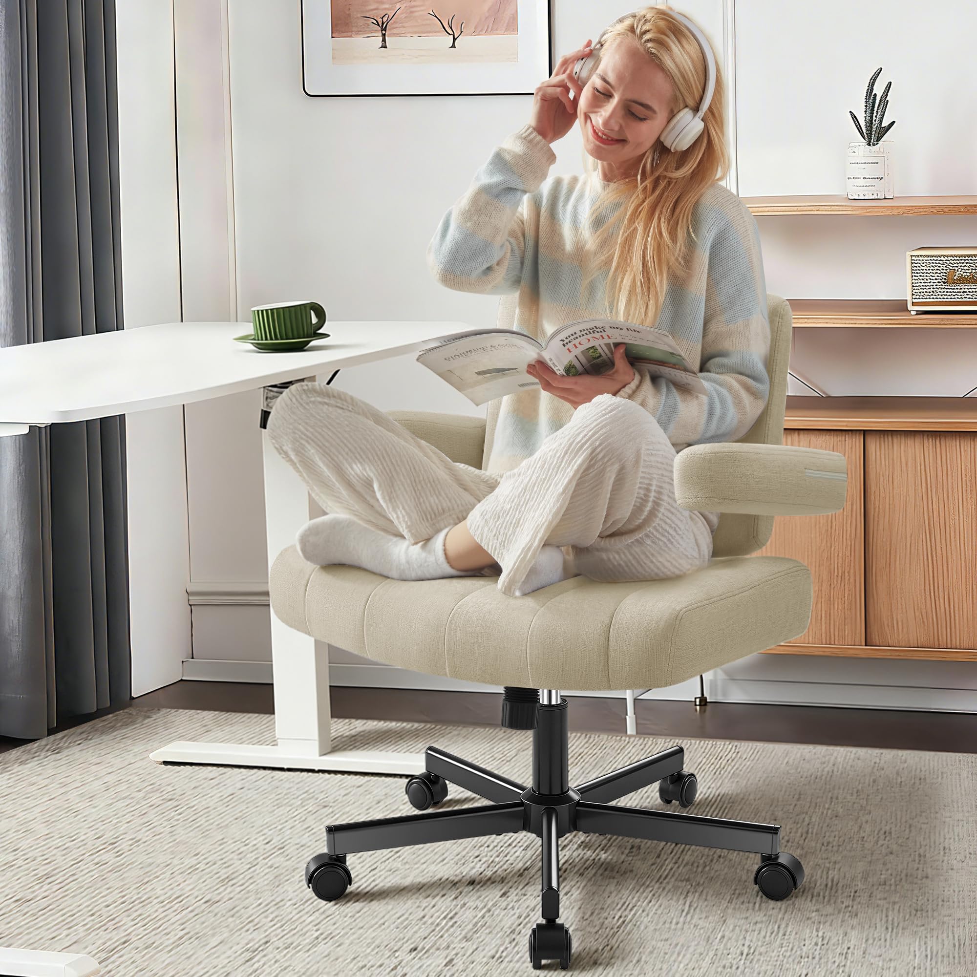 Hayelf Criss Cross Chair with Wheels - Wide Seat Cross Legged Office Chair with Flip-up Arms - Comfy Swivel Rolling Desk Chair with Thick Cushion and