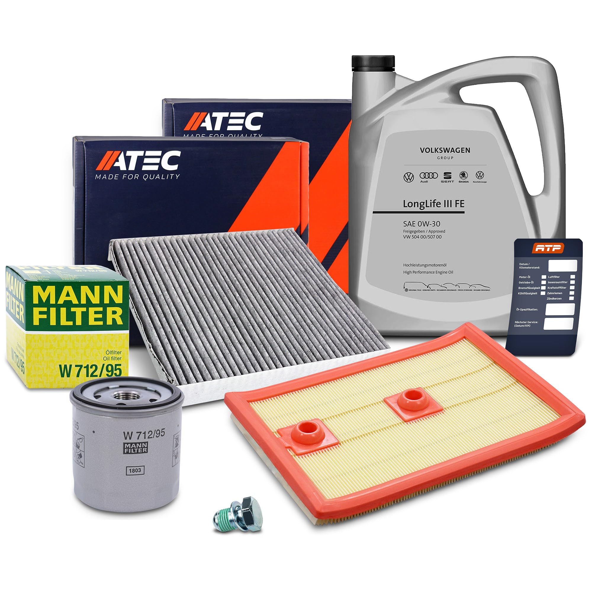 ATEC Germany Inspektionspaket Filterset mit 1x MANN-FILTER Ölfilter, 1x Luftfilter, 1x Innenraumfilter, 1x Ölablassschraube mit Dichtring, 5L Motoröl VW 0W-30 LongLife 3 FE, 1x Ölwechsel-Anhänger
