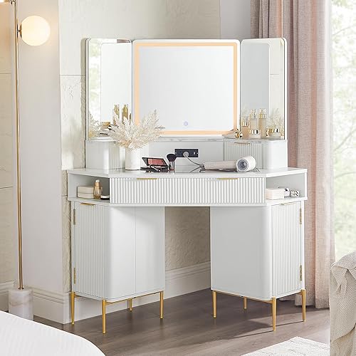 T4TREAM Corner Vanity Desk with Mirror and Lights, Fluted Vanity with Glass Top, Fixed Three-Panel Mirror & Charging Outlet, Dressing Table with 3 Drawers & 2 Storage Cabinets for Bedroom, White