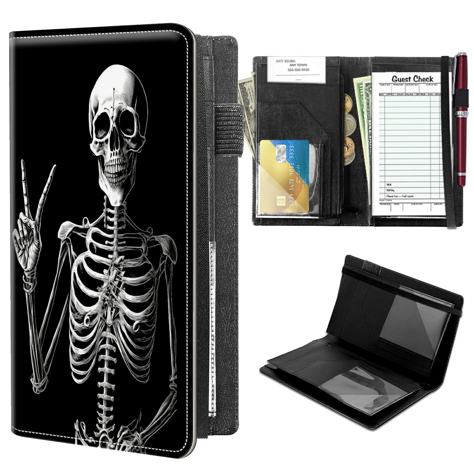 High Volume Server Books, Skull Funny Server Book w/ 2 Expandable Pockets 9 x 5 Cute Waitress Book Zipper Pocket & Strap Closure Waitstaff Organizer Server Booklet Waiter Money Wallet