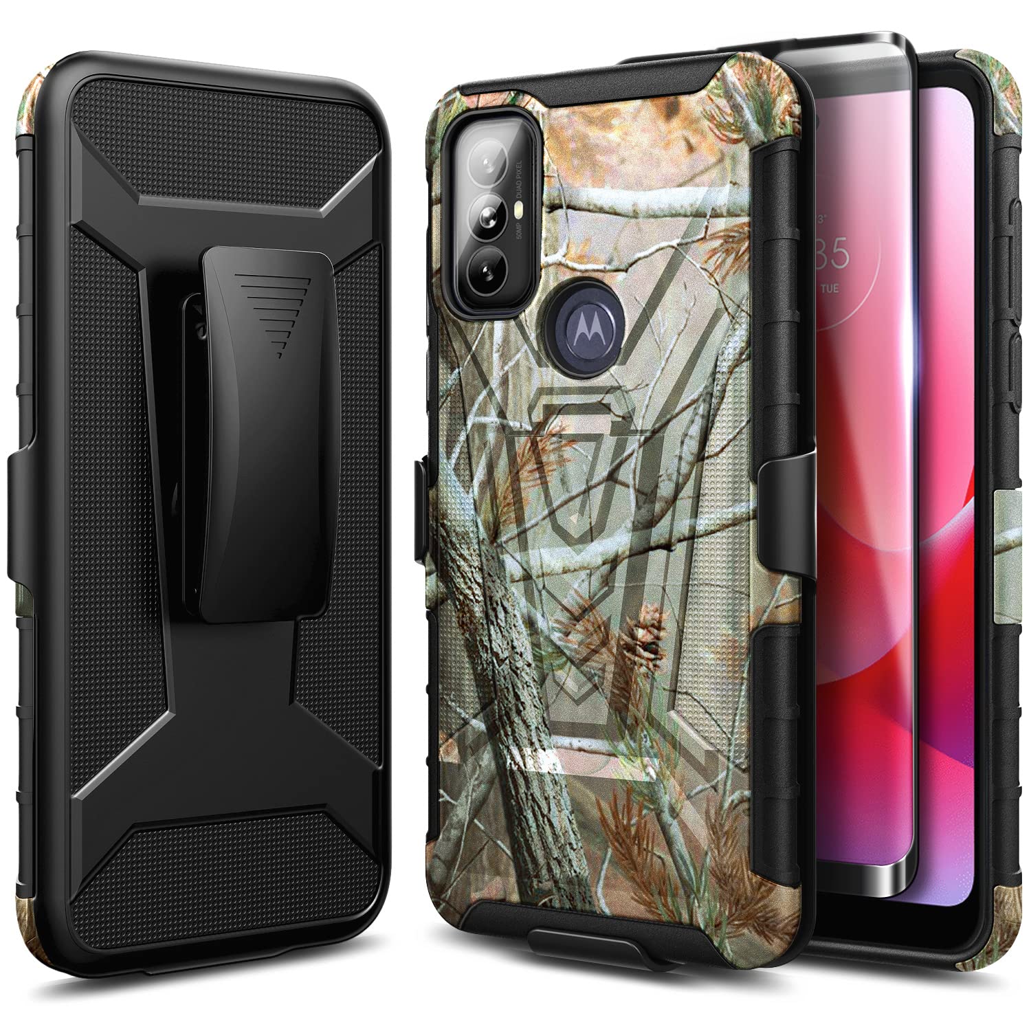 NZND Case for Motorola Moto G Power 2022 with Tempered Glass Screen Protector (Maximum Coverage), Belt Clip Holster with Built-in Kickstand, Heavy Duty Protective Phone Case (Camo)