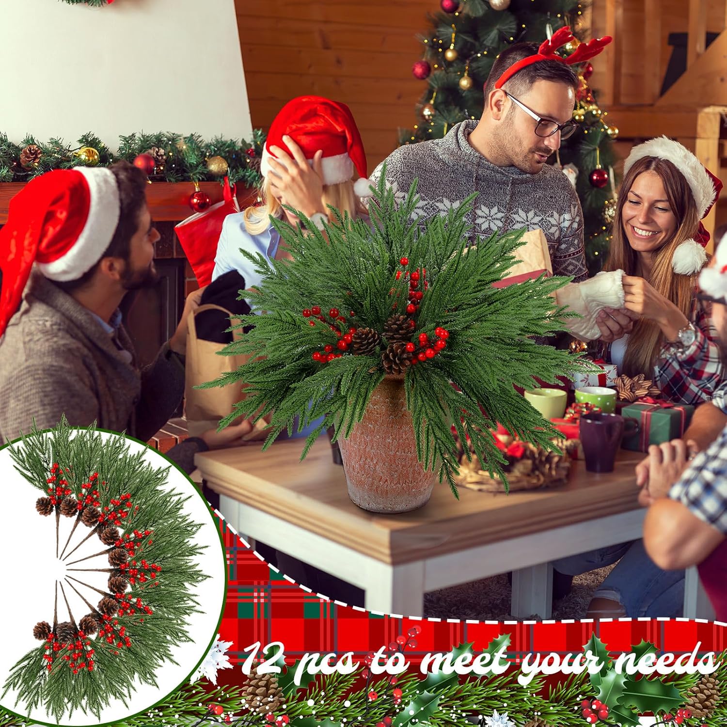 Giegxin 12 Pcs Christmas Norfolk Pine Branches with Red Berries 16inch Artificial Faux Greenery Norfolk Pine Stems Picks with Pinecones Christmas Table Decorations for Vase Xmas Home Garland Decor